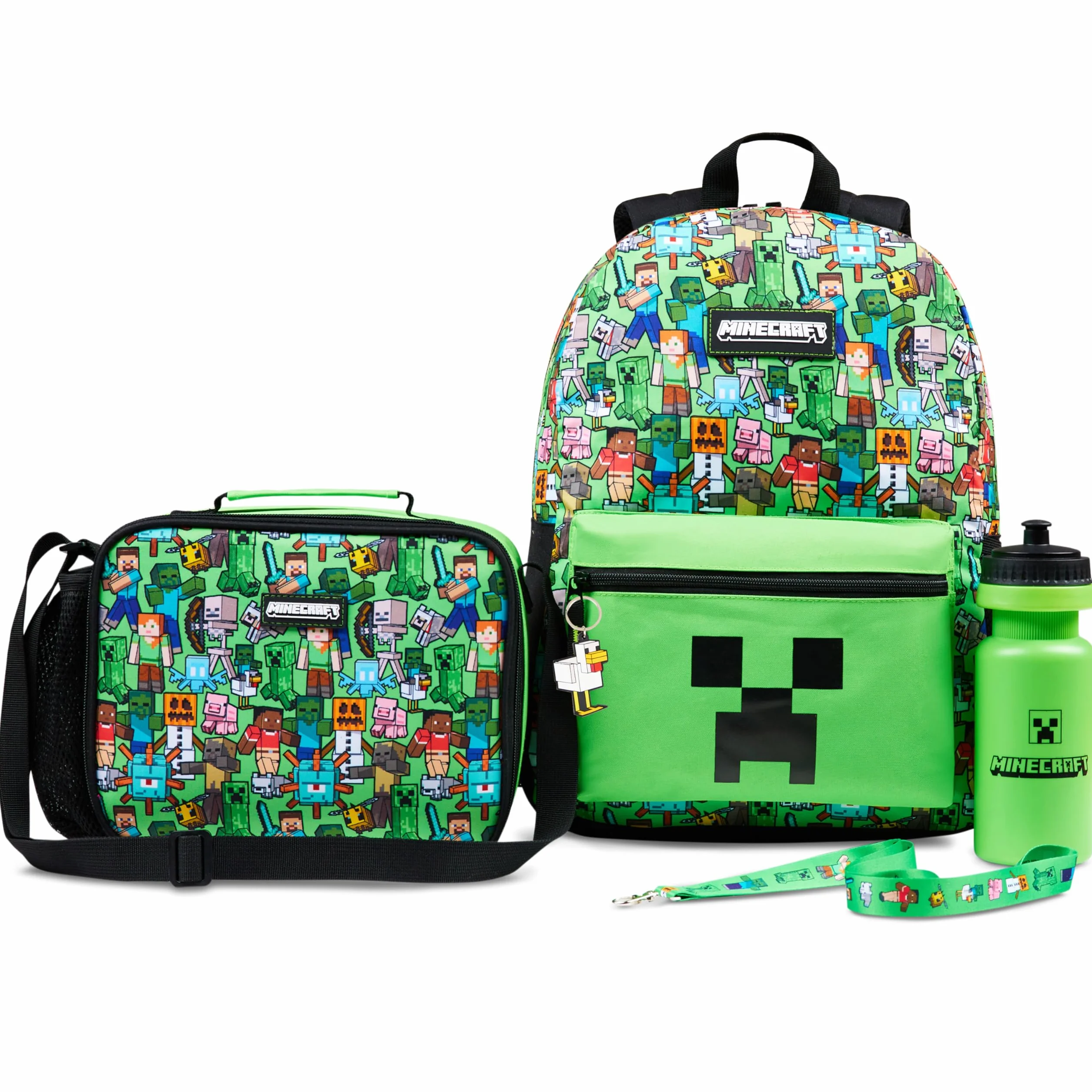Minecraft Plecak chłopięcy, zestaw upominkowy, 5 szt., torba szkolna, torba na lunch, butelka na wodę, brelok i smycz (zielony AOP)