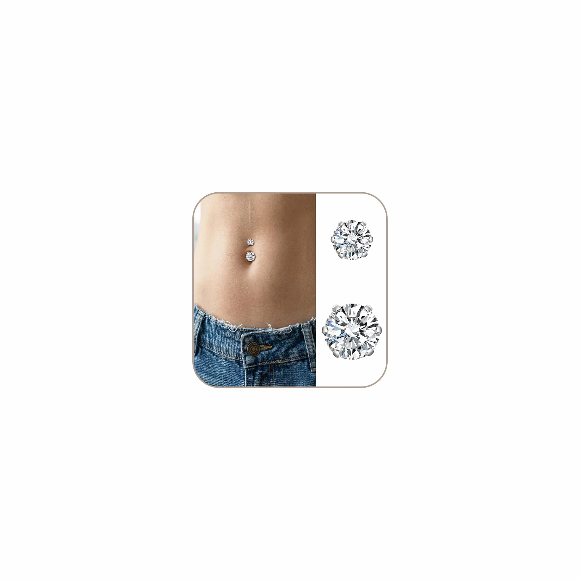 LAURITAMI Sztuczny zestaw do piercingu pępka, przyklejany do sześciennej cyrkonii, drążek do pępka, 5 mm, 8 mm, ze stali nierdzewnej, klejące kulki do pępka, fałszywy piercing biżuteria dla kobiet
