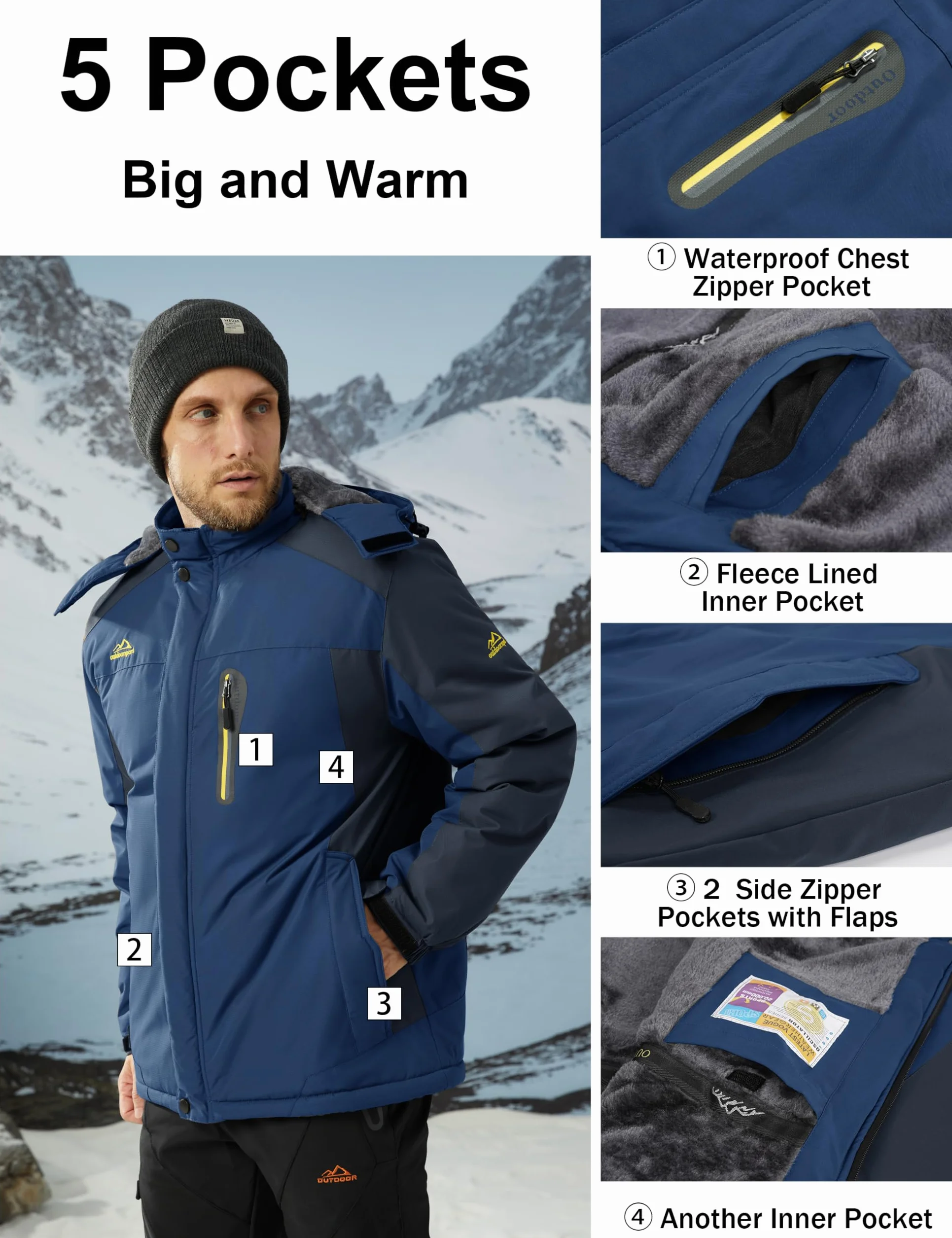 MAGCOMSEN Męska wodoodporna kurtka narciarska Wiatroszczelna kurtka polarowa Outdoor Mountain Parka z kapturem