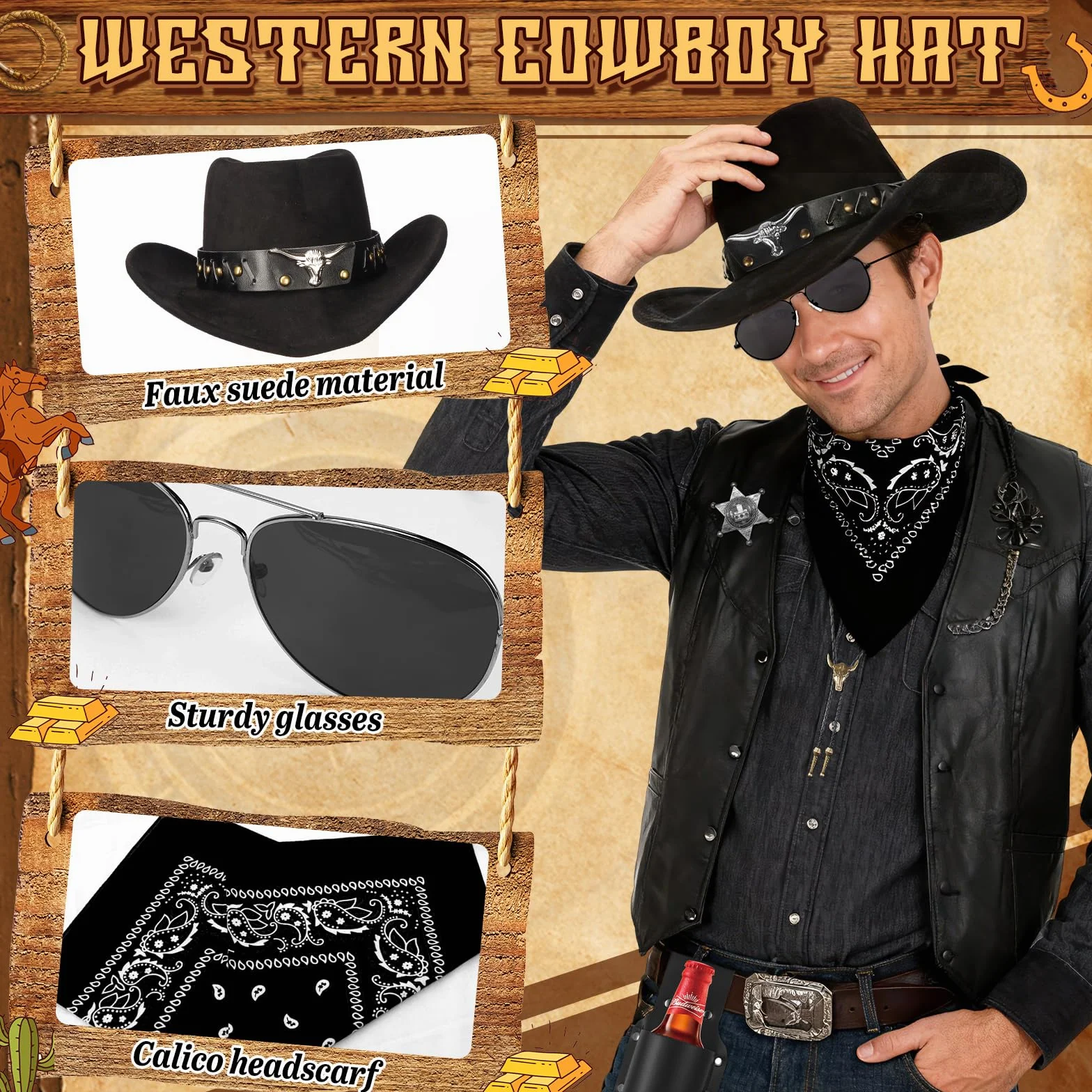 9-częściowy kostium kowbojski western, zestaw z kapeluszem, okularami, naszyjnikiem, uchwytem na kufel piwa, bandaną, kaburą, odznakami, paskiem na karnawał, na imprezę tematyczną, cosplay