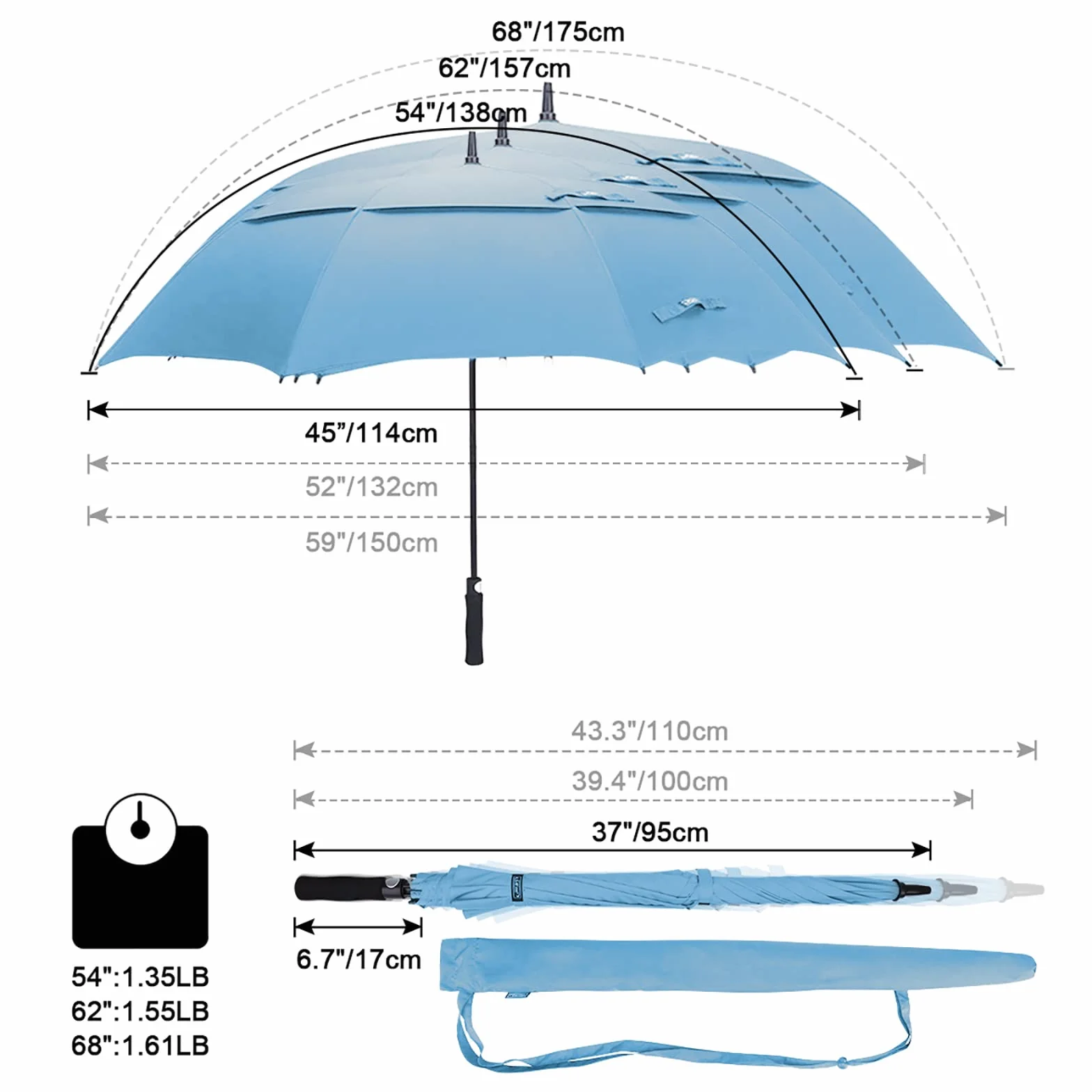 G4Free Automatycznie otwierany parasol golfowy, oversize, bardzo duży, podwójny, z otworem przeciwwiatrowym, wiatroszczelny, wodoszczelny, 120/137/157/173 cm