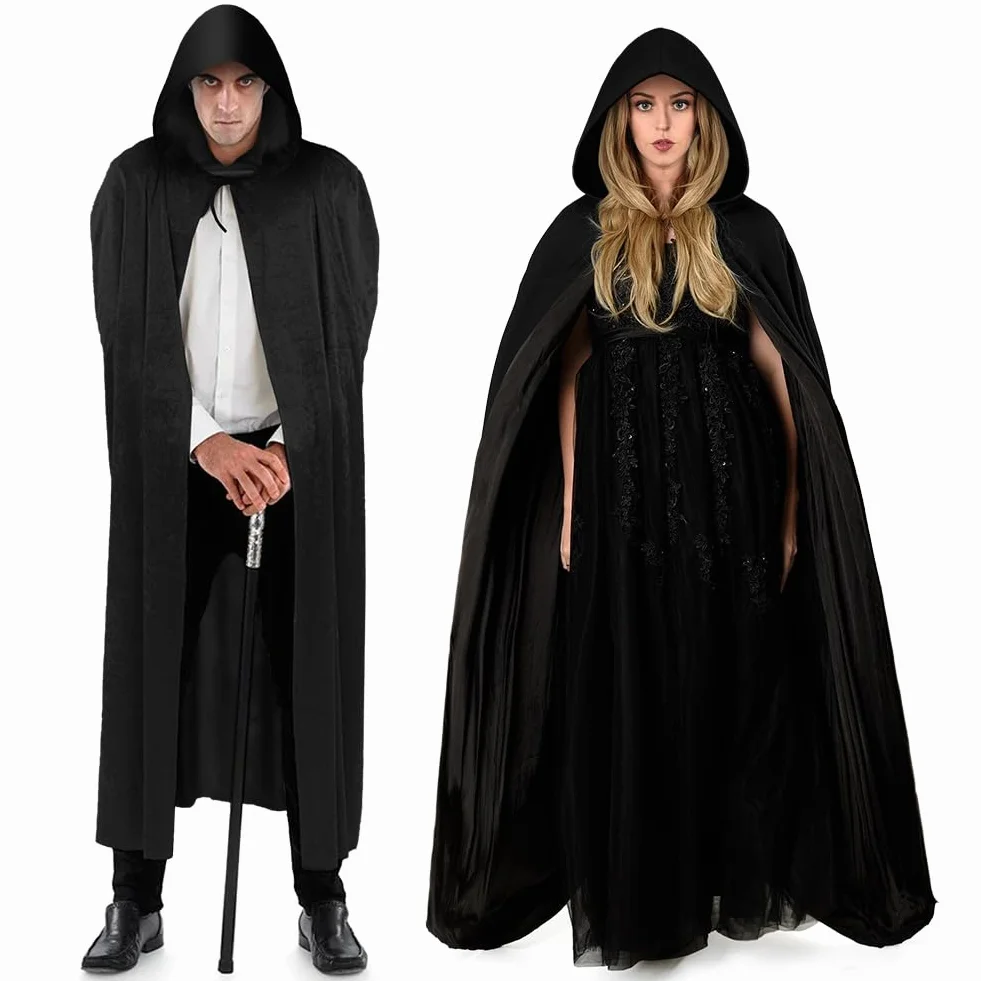 AOOWU Czarna peleryna z kapturem, długi kostium wampirów, peleryna Halloween na przebranie na karnawał, peleryna Halloween na karnawał przyjęcie urodzinowe