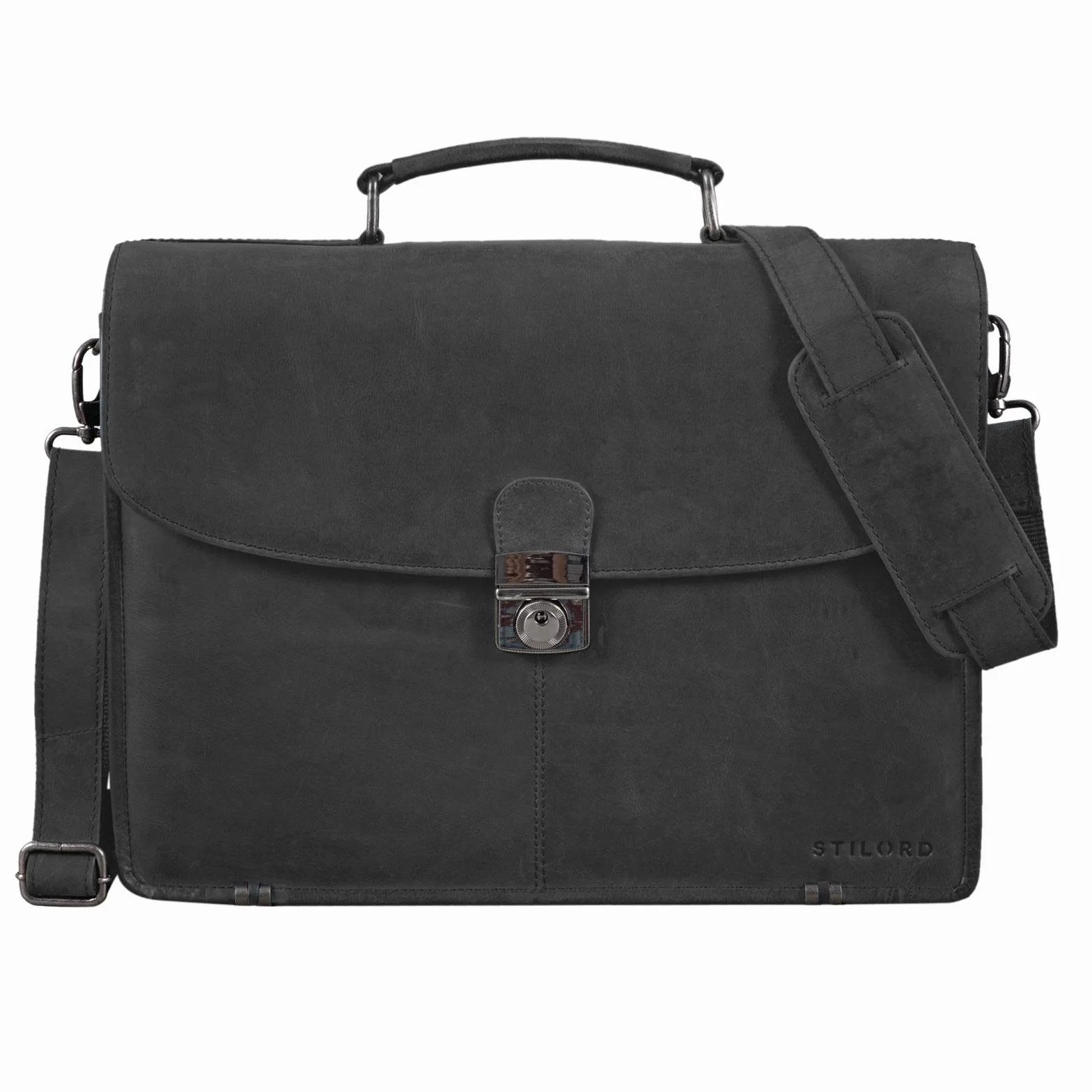 STILORD "Miguel" Classic Leather Briefcase Black Gents duża torba biznesowa torba biurowa z zamkiem do powieszenia 15,6 calowej torby na laptopa Kolor:czarny