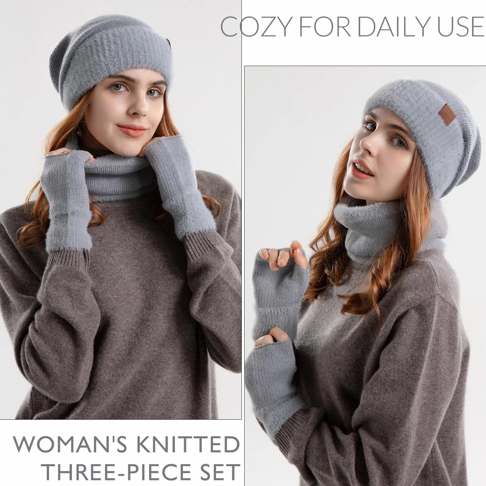 Zestaw czapek i szalików dla kobiet z podszewką polarową, czapka, szalik i rękawiczki, zestaw damski, 3 w 1, termiczna dzianinowa czapka beanie, ocieplacz na szyję, rękawiczki bez palców, dla