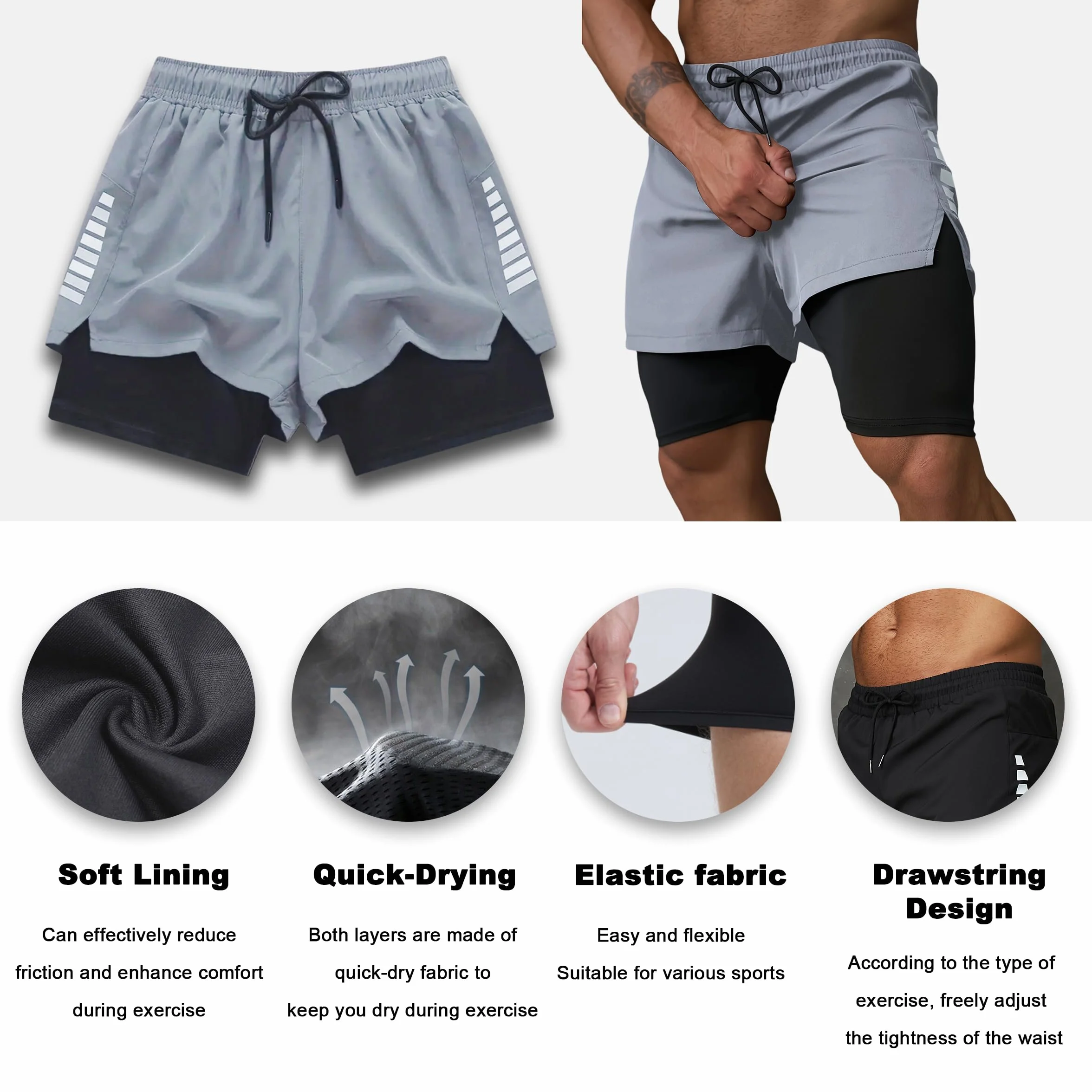 Smarstyle męskie krótkie spodenki do biegania, 2 w 1, szybkoschnące, sportowe spodnie z kieszeniami, oddychające spodenki treningowe