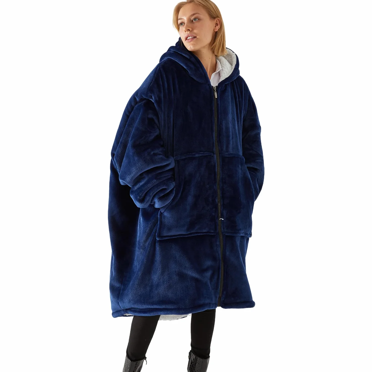 Pahajim Bluza z kapturem, koc z rękawami, przenośny koc z kapturem, oversize, z zamkiem błyskawicznym, ciepły, miękki, flanelowy, dla nastolatków, mężczyzn i kobiet, 90 x 130 cm