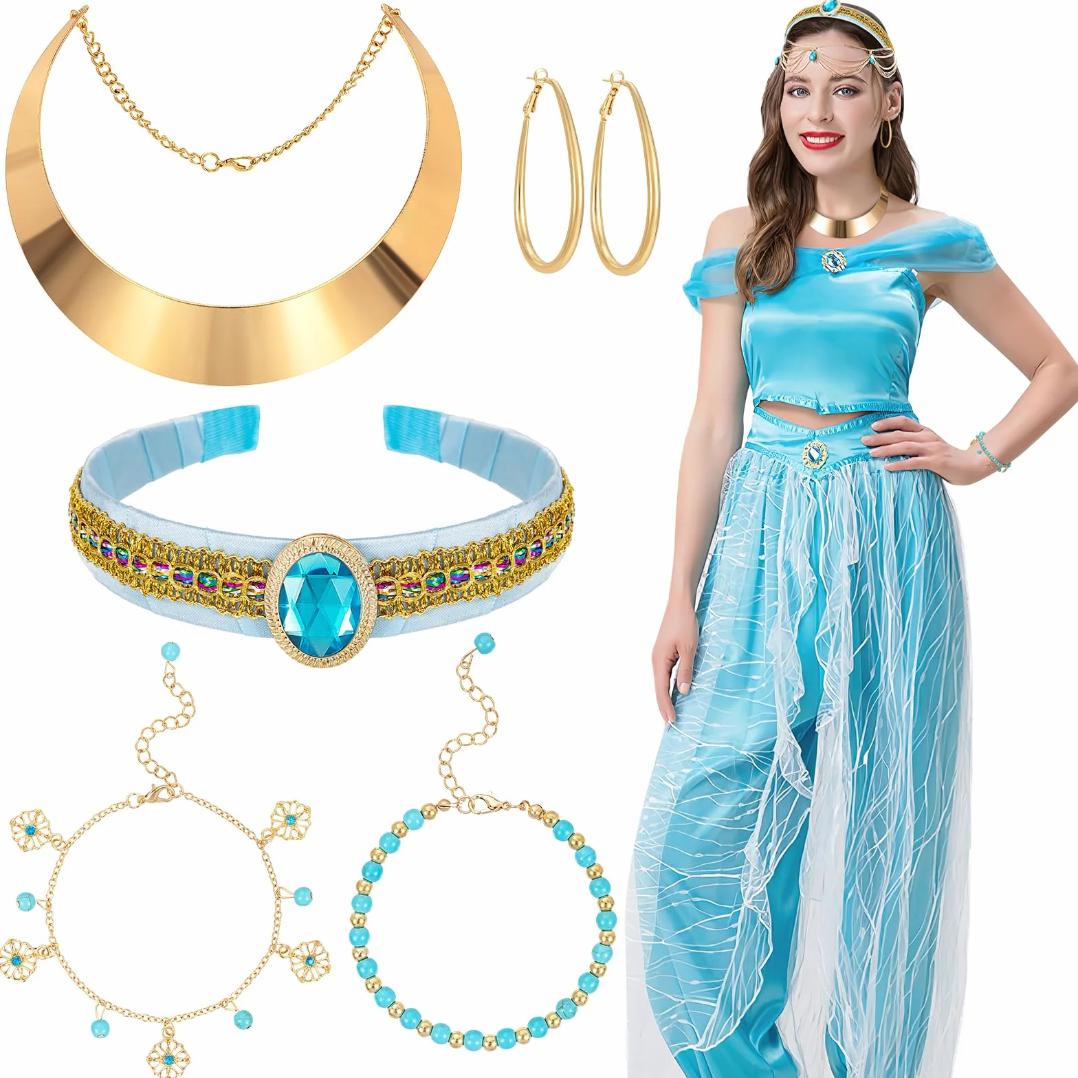 Akcesoria do kostiumu księżniczki dla kobiet i dziewczynek, diadema księżniczki Jasmine, naszyjnik, bransoletka, kolczyki na Halloween, zestaw biżuterii Jasmine, akcesoria do przebierania się