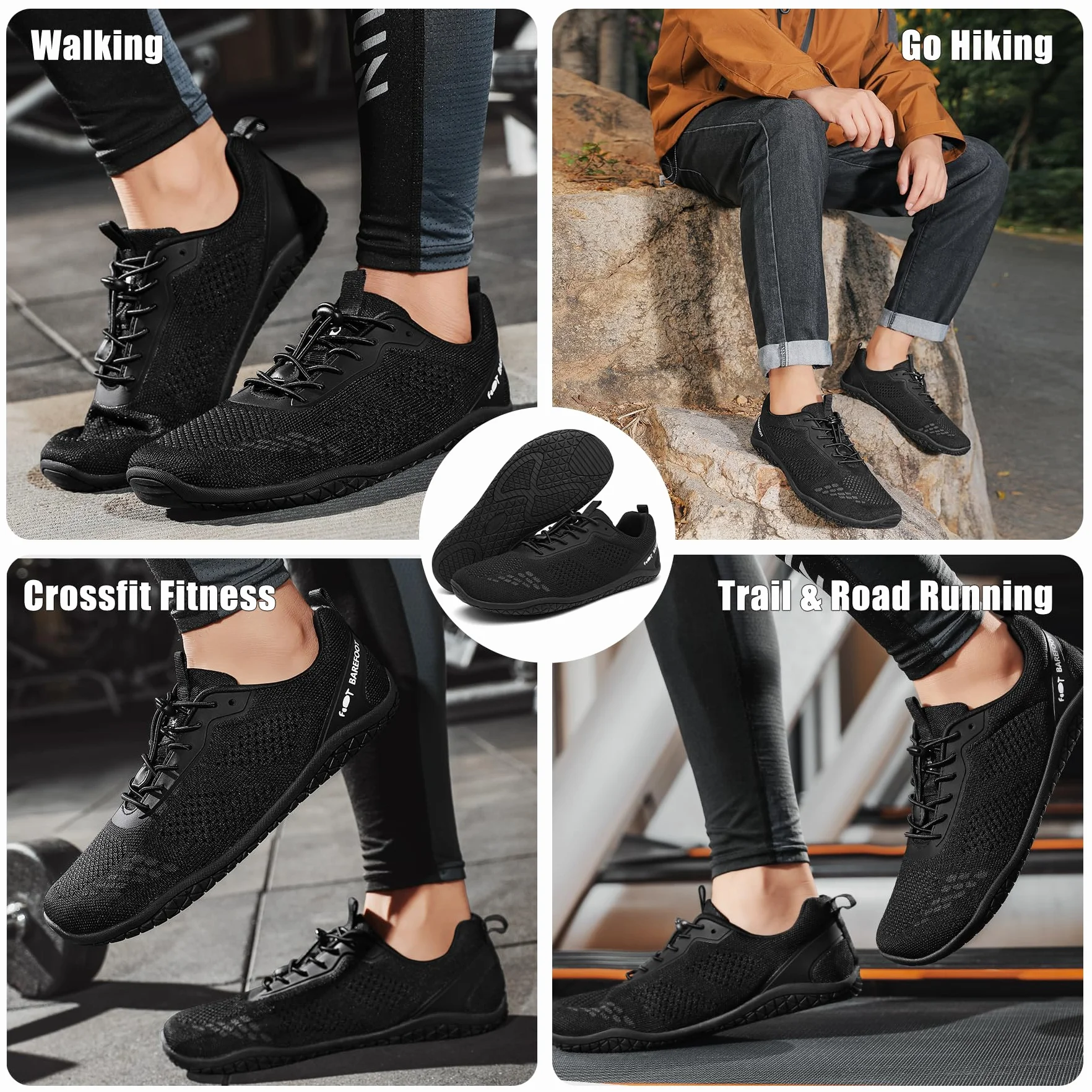Geweo Buty Barefoot Męskie i Damskie Lekkie Wygodne Buty Sportowe Treningow z Szeroką Skrzynią na Palce Oddychające Buty do Biegania, do CrossFit i Fitness, Świeżym Powietrzu Sport Unisex Czarny 46EU