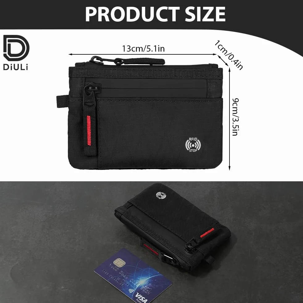 DiULi Mały portfel z blokadą RFID dla mężczyzn i kobiet | Bezpieczny podróżny portfel z zamkiem na karty z kieszenią na monety | Kompaktowy, wąski, minimalistyczny portfel RFID w kolorze czarnym