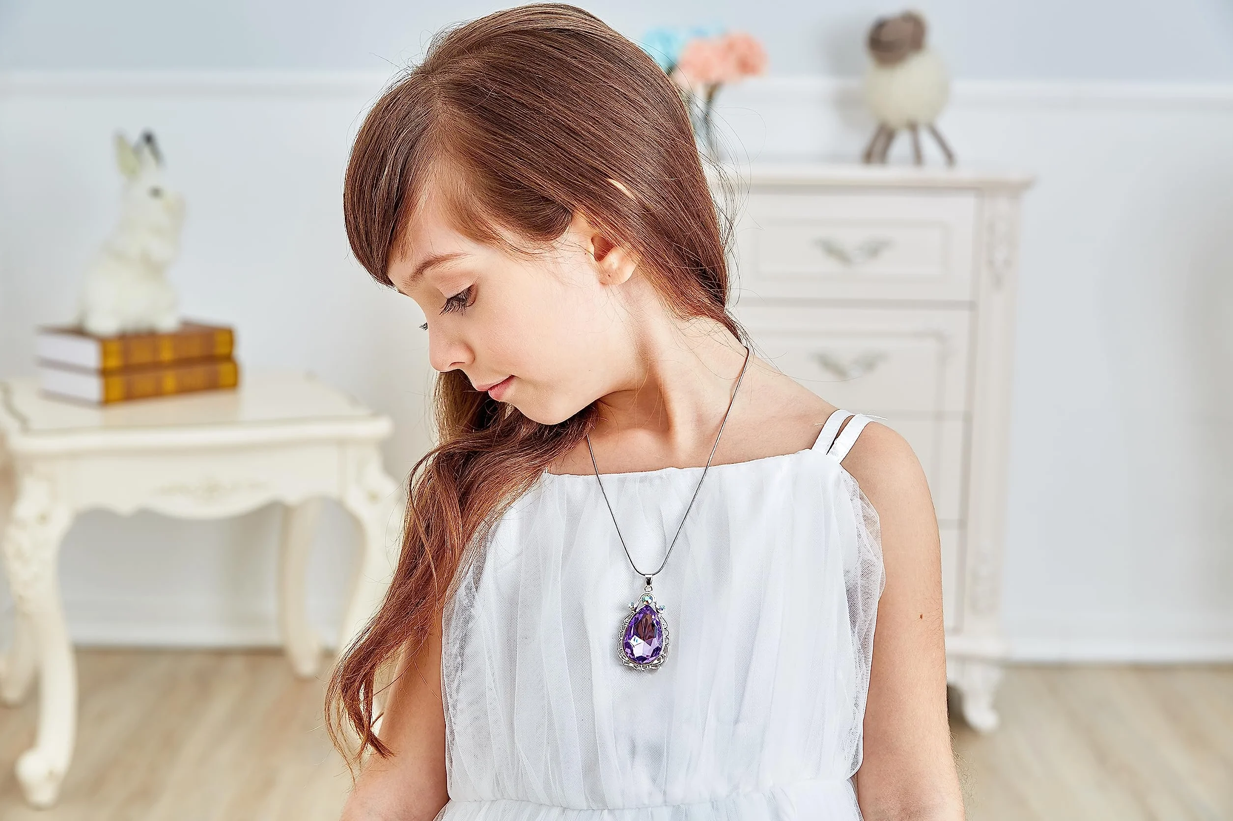 Sofia naszyjnik amulet łezka ametyst wisiorek naszyjnik Sofia kostium księżniczki biżuteria dla małych dziewczynek, Metal, Ametyst