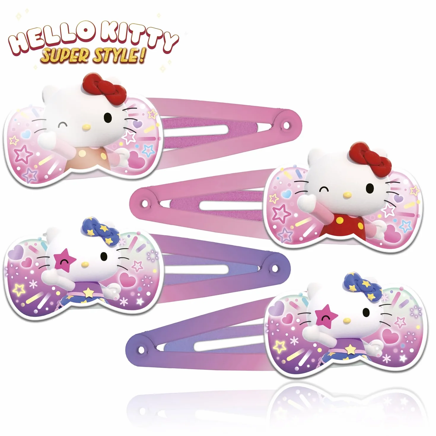 CRAZE Hello Kitty Hair Clip, 4 spinki do włosów dla dziewczynek Hello Kitty, Haczyki do włosów dla dziewczyn, 2 różne wzory (2 sztuki każdego), kolorowe klipsy