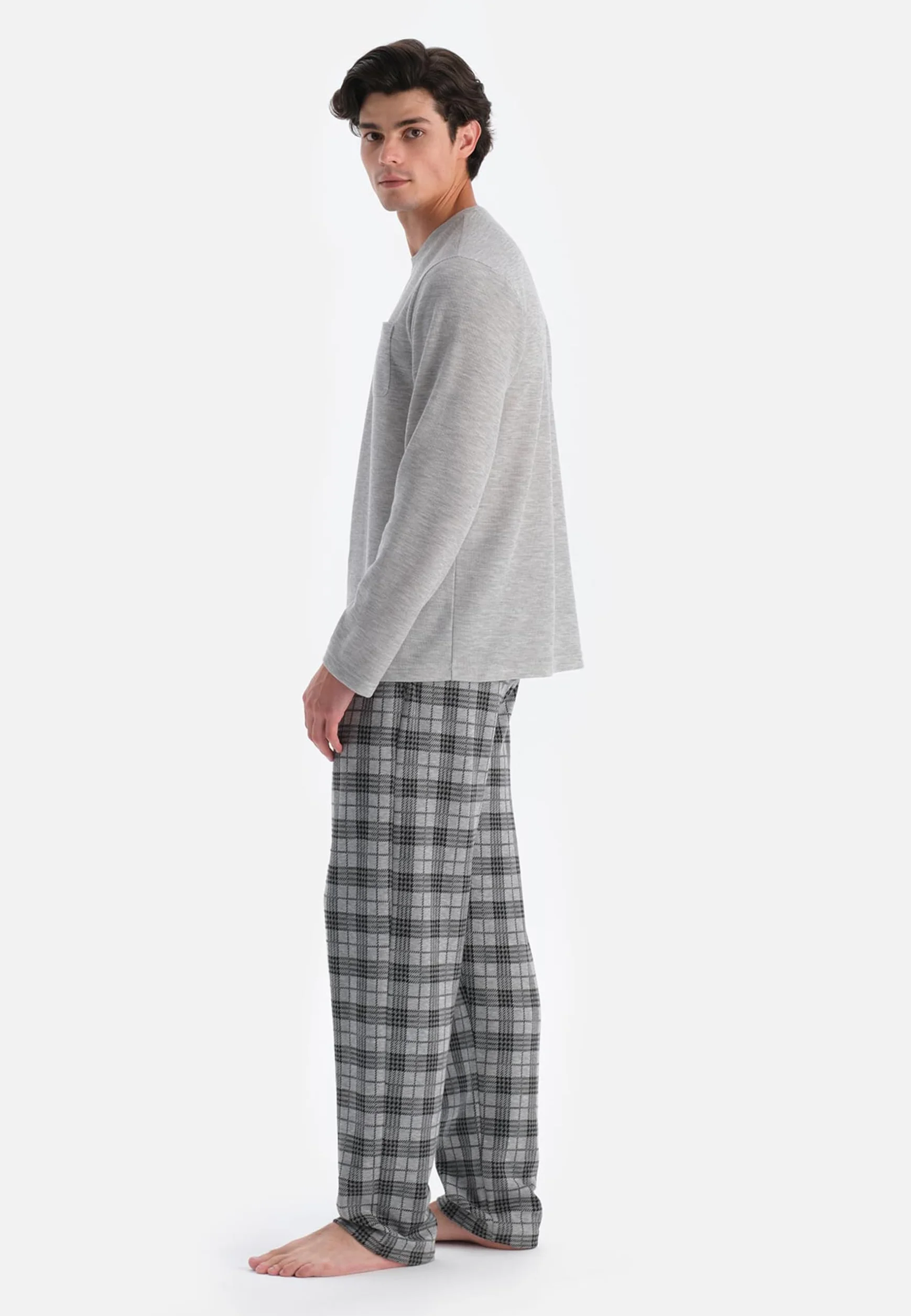 Dagi Zestaw piżamowy Mężczyźni Crew Neck Long Sleeve Plaid Pants Pajama Set