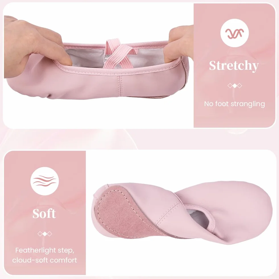 Dziewczęce baletki, buty do tańca różowej skóry, jednoczęściowa skórzana podeszwa, buty do tańca i gimnastyki dla dziewczynek