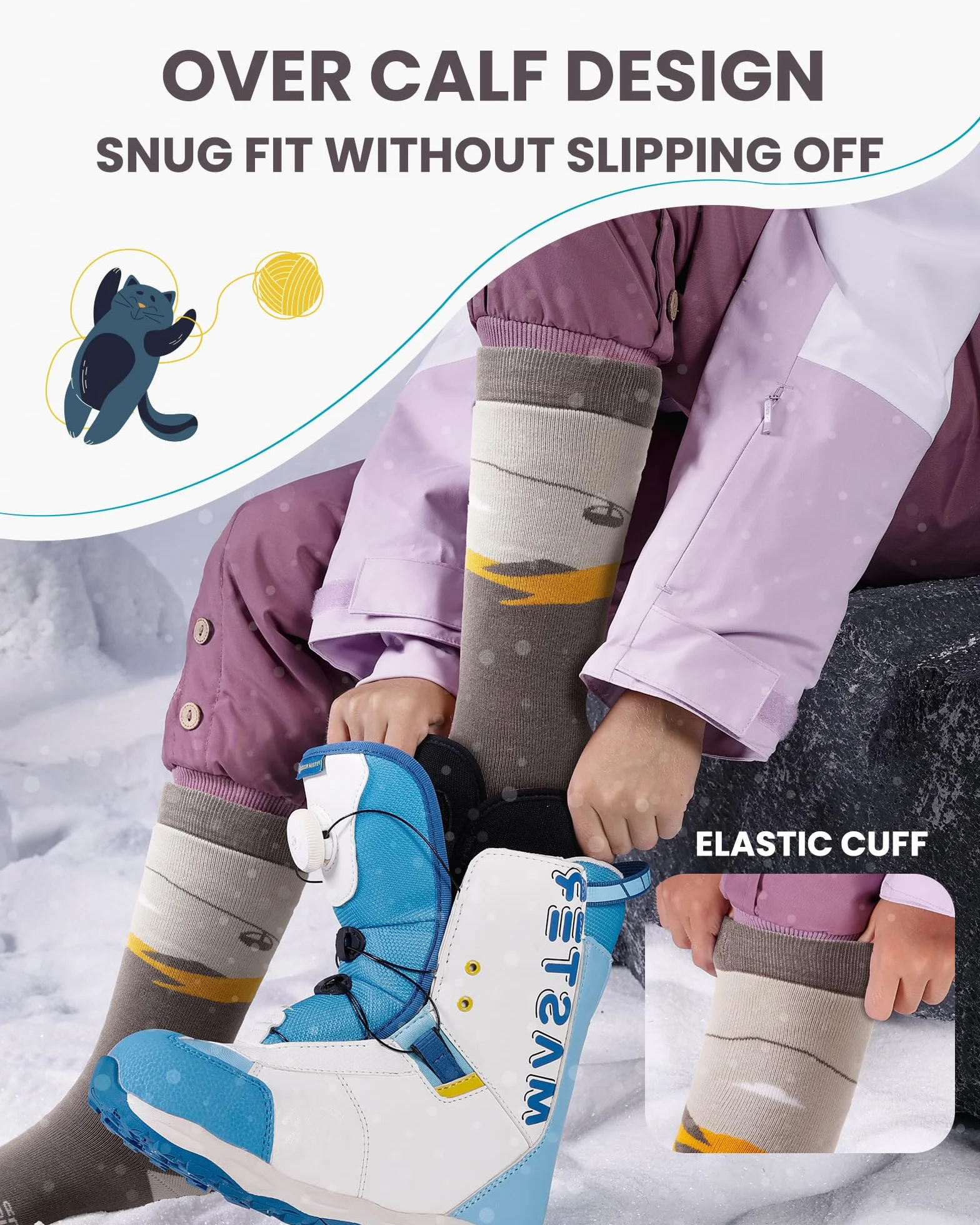 OutdoorMaster Dziecięce skarpety narciarskie, nad łydką, ciepłe skarpety termiczne do snowboardu, dla chłopców i dziewczynek