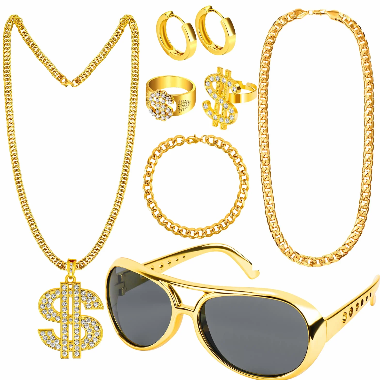 Dreamtop Dollar zestaw łańcuszków hiphopowych kostium złoty dolar wisiorek złoty łańcuszek, pierścionek, okulary przeciwsłoneczne, kapelusz rybaka w stylu lat 80-tych 90., kostium a, złoty
