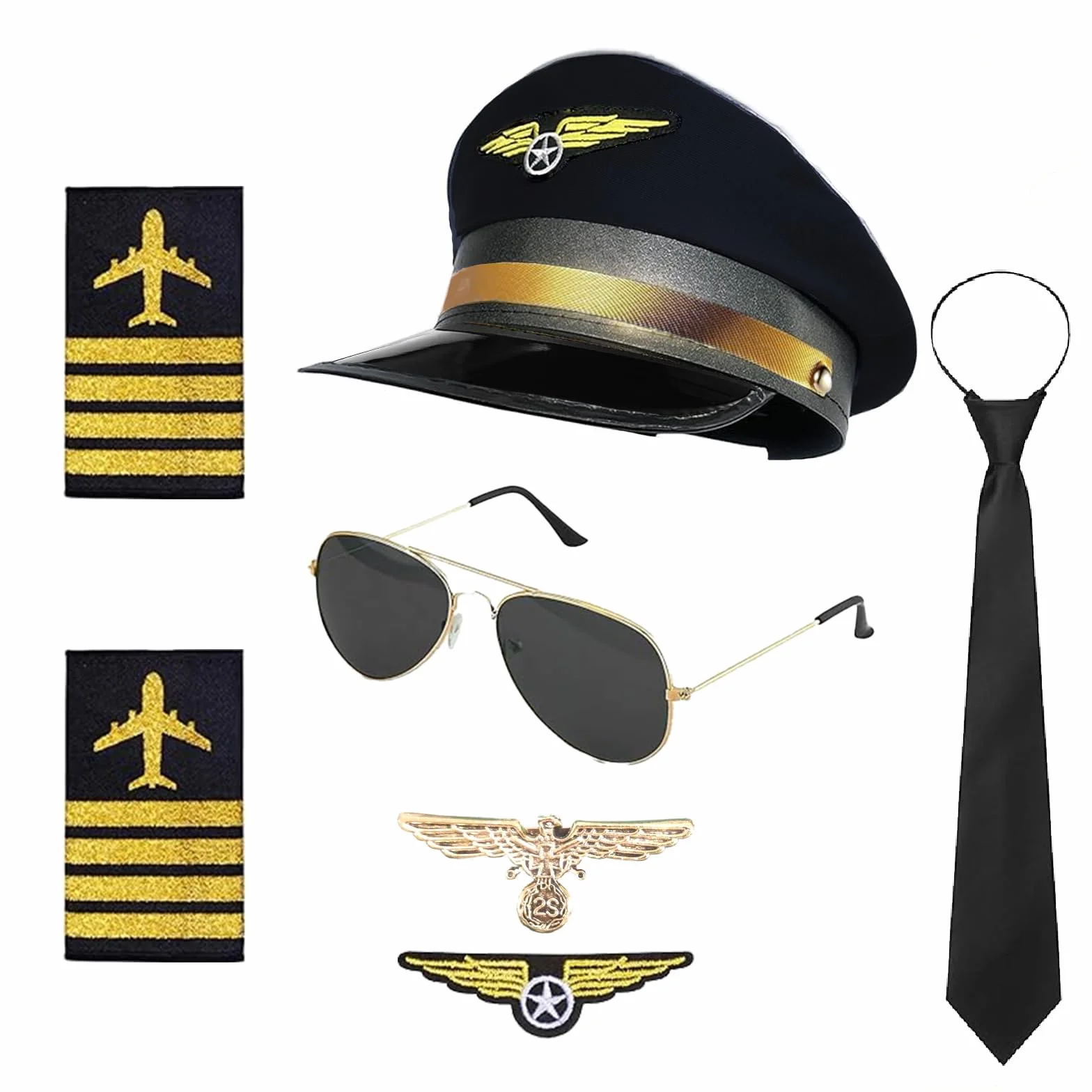 Kostium pilota, kostium kapitana, akcesoria do kostiumu, zestaw pilotów, kapitan, karnawał, pagony, paski, kapelusz pilotka, dla dorosłych i mężczyzn, na imprezę (czarny)