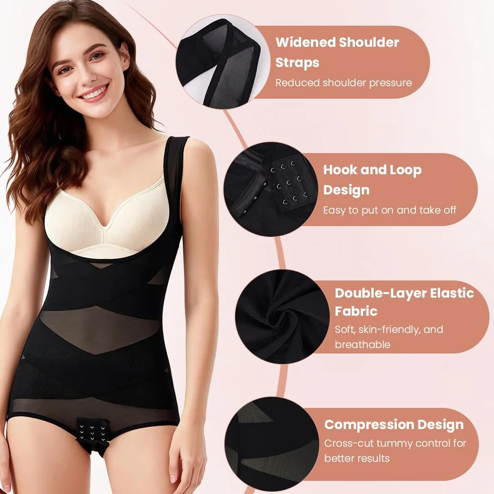 DiULi Damskie body modelujące brzuch, płaskie, modelujące ciało, dekolt w kształcie litery U, biustonosz podtrzymujący klatkę piersiową, oddychająca siateczka, opaska na głowę, wyszczuplający