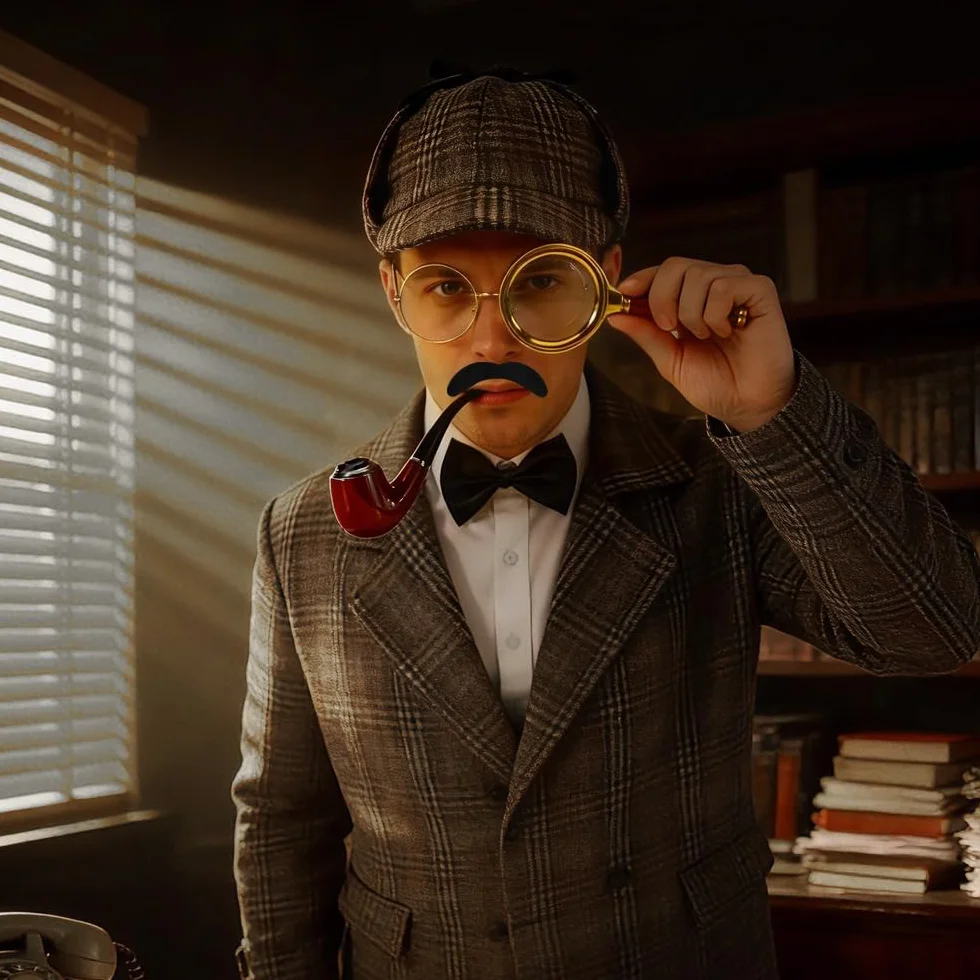 Zestaw akcesoriów do kostiumu detektywa, 7 sztuk, akcesoria do kostiumu Sherlock Holmes, z kapeluszem detektywistycznym, metalowe okulary, lupa, broda, detektywa, Cosplay, rekwizyty dla