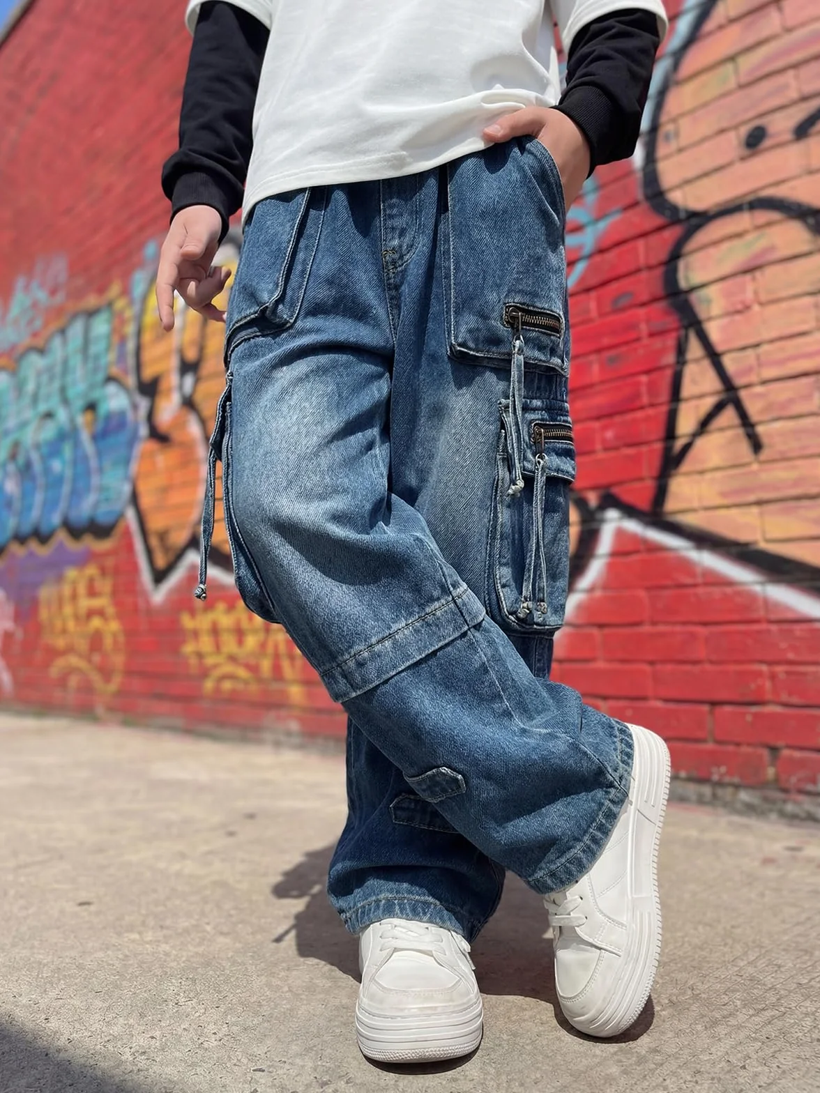 JiAmy Chłopięce spodnie dżinsowe, elastyczny ściągacz, Baggy Jeans chłopięce, szerokie nogawki, Y2k, dziecięce spodnie cargo, bawełna, spodnie dżinsowe dla chłopców i dziewczynek, 120-160 (5-14 lat)