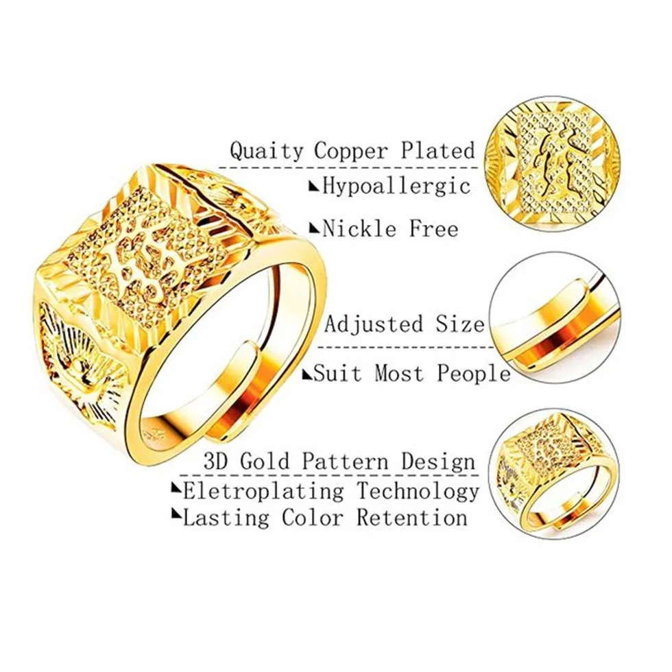 JewelryWe Biżuteria 3 szt. męski pierścionek pozłacany, królestwo/szczęście/bogactwo, obrączka, sygnet, regulowany rozmiar, stal szlachetna, Nie zawiera kamieni szlachetnych