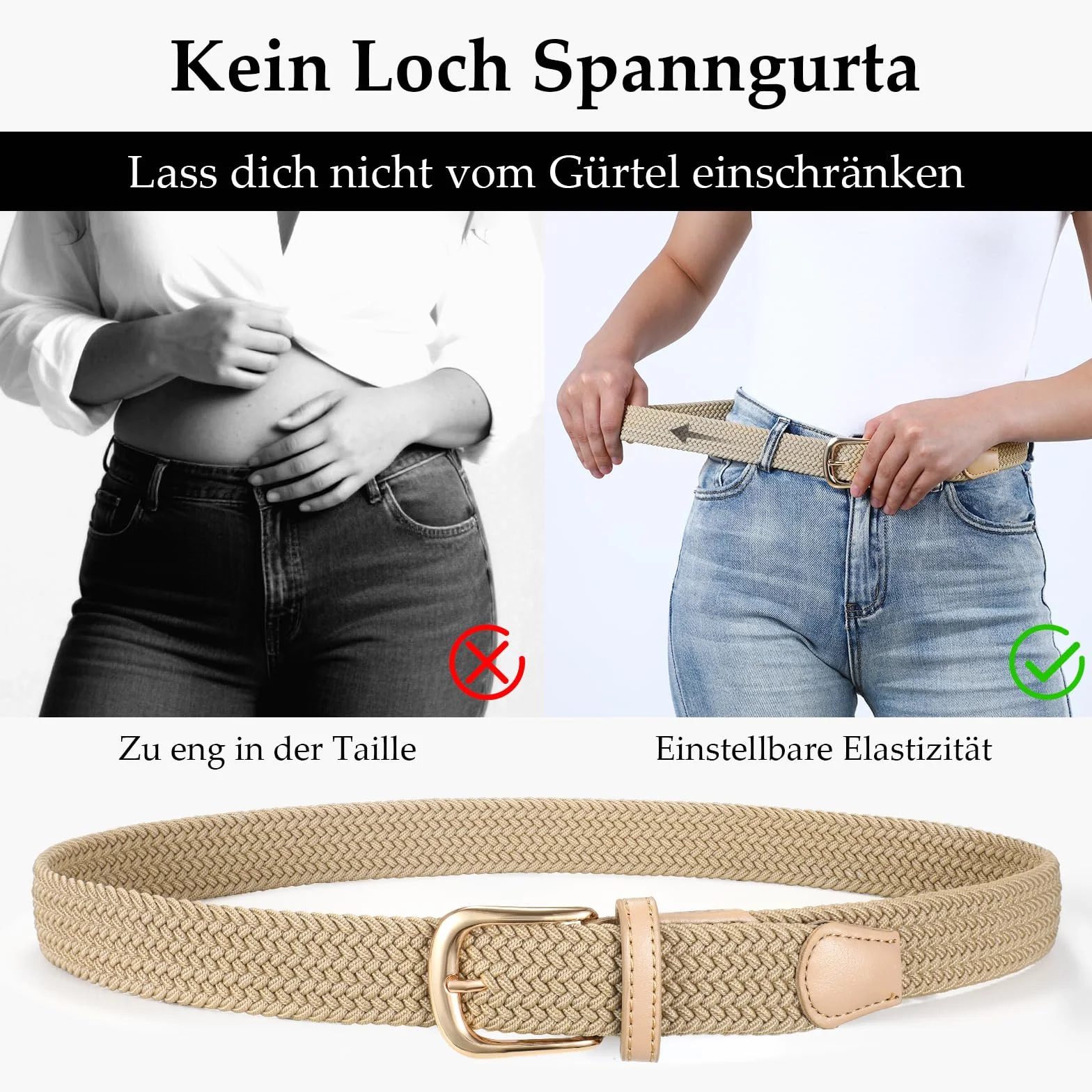 JasGood Pasek damski, pleciony, elastyczny pasek, regulowany pasek ze stretchu, szerokość 3,3 cm, do dżinsów i spodni, rozciągliwy pasek materiałowy unisex