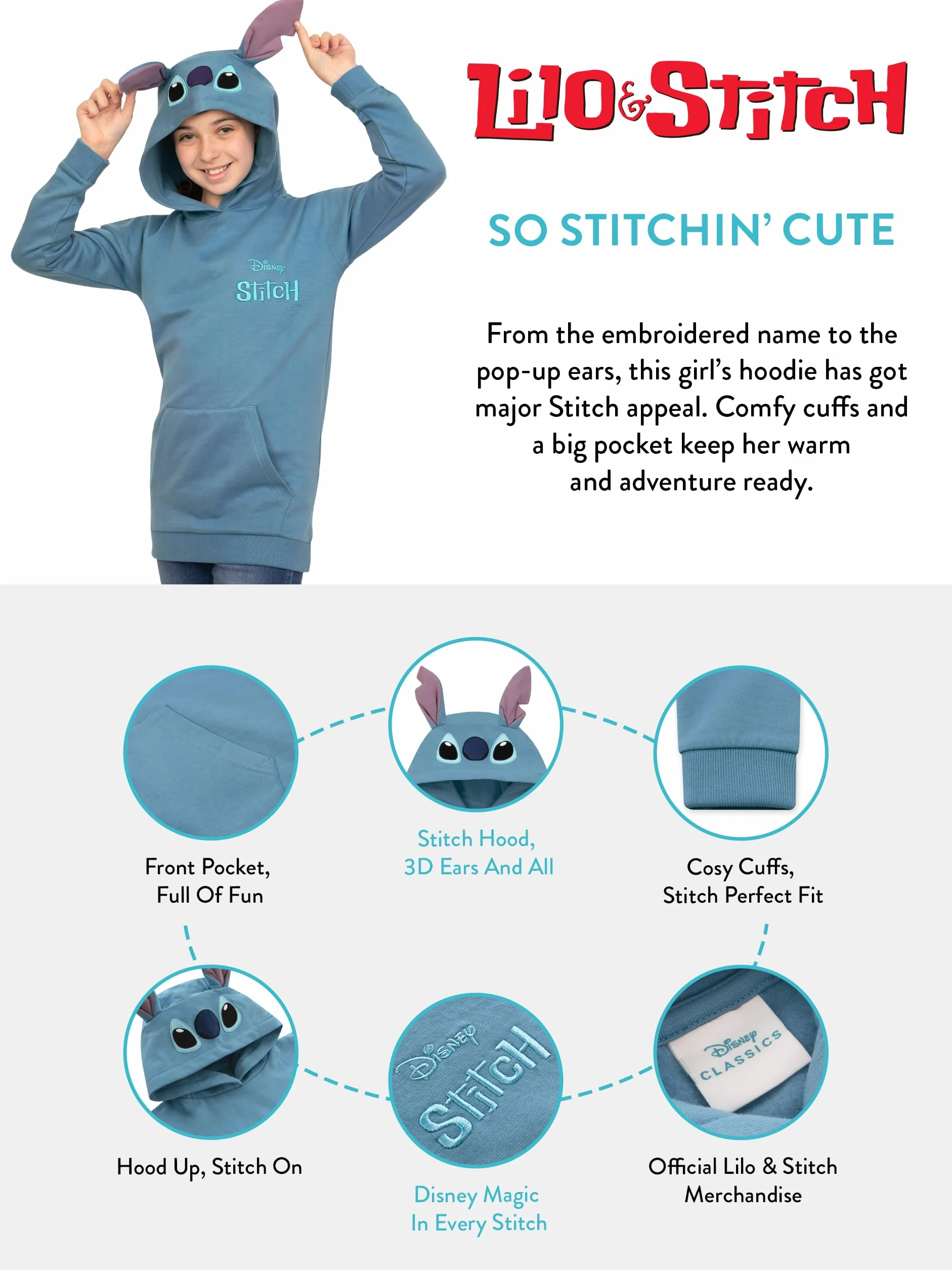 Disney Bluza Z Kapturem Lilo I Stitch, Długa Bluza Dziecięca, Sweter Stitch Z Uszami 3D, Bawełniana Odzież Dla Dziewczynek