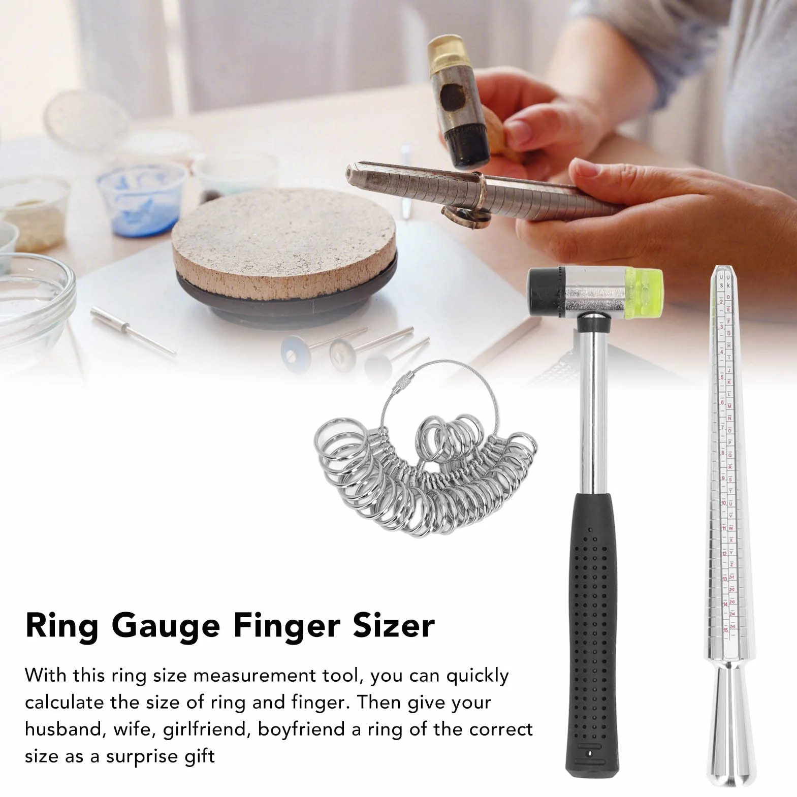 Ring Sizer Narzędzie Pomiarowe Stalowy Ring Finger Sizer z Młotkiem do Wyrobu Biżuterii