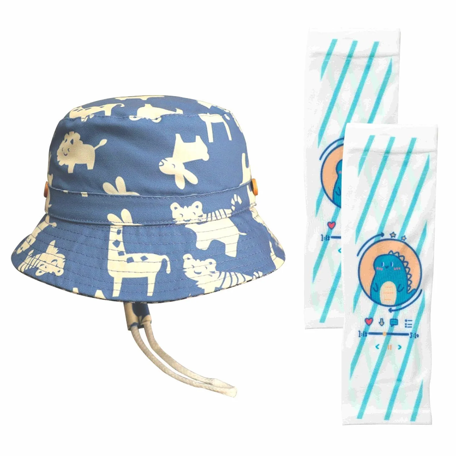 1 sztuka dziecięca czapka typu bucket, 1 para rękawów dziecięcych, dziecięca czapka przeciwsłoneczna, regulowana czapka wiadro, urocza czapka przeciwsłoneczna ze zwierzętami
