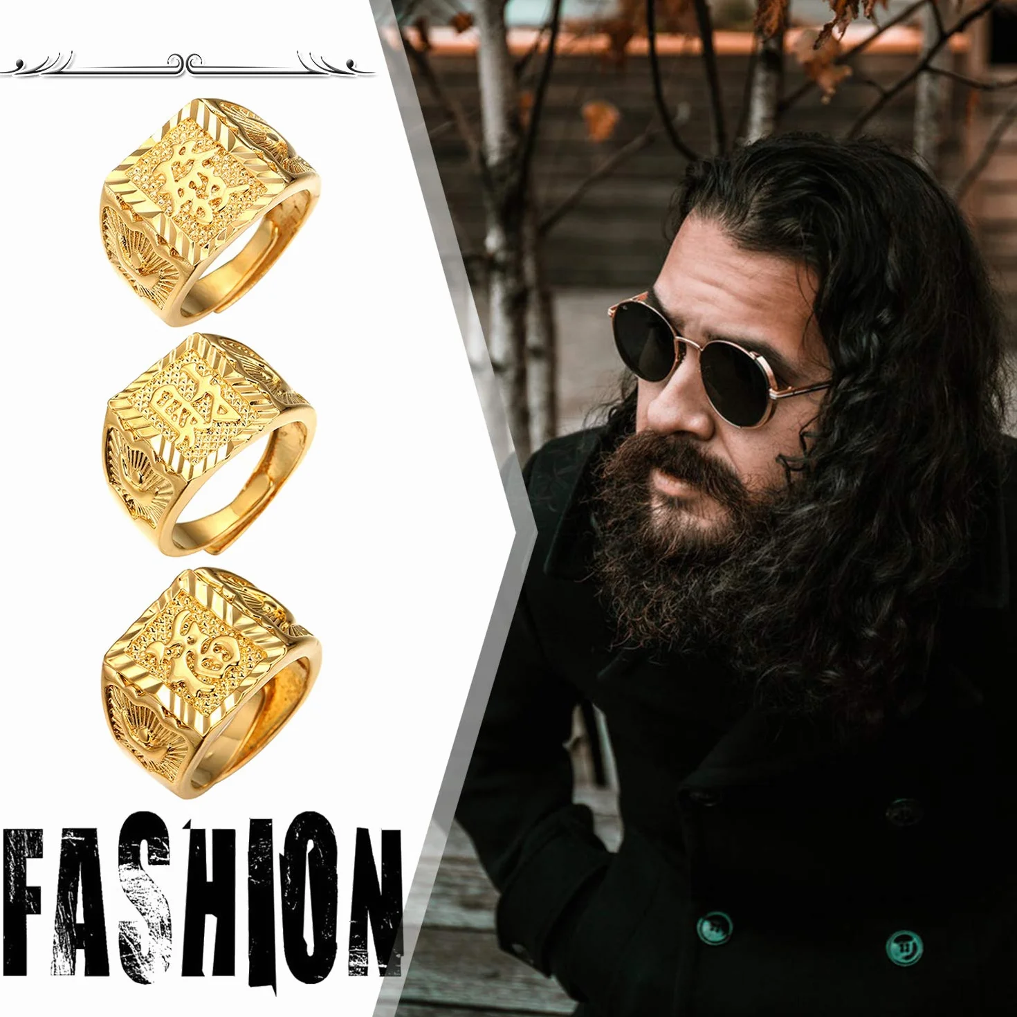 JewelryWe Biżuteria 3 szt. męski pierścionek pozłacany, królestwo/szczęście/bogactwo, obrączka, sygnet, regulowany rozmiar, stal szlachetna, Nie zawiera kamieni szlachetnych