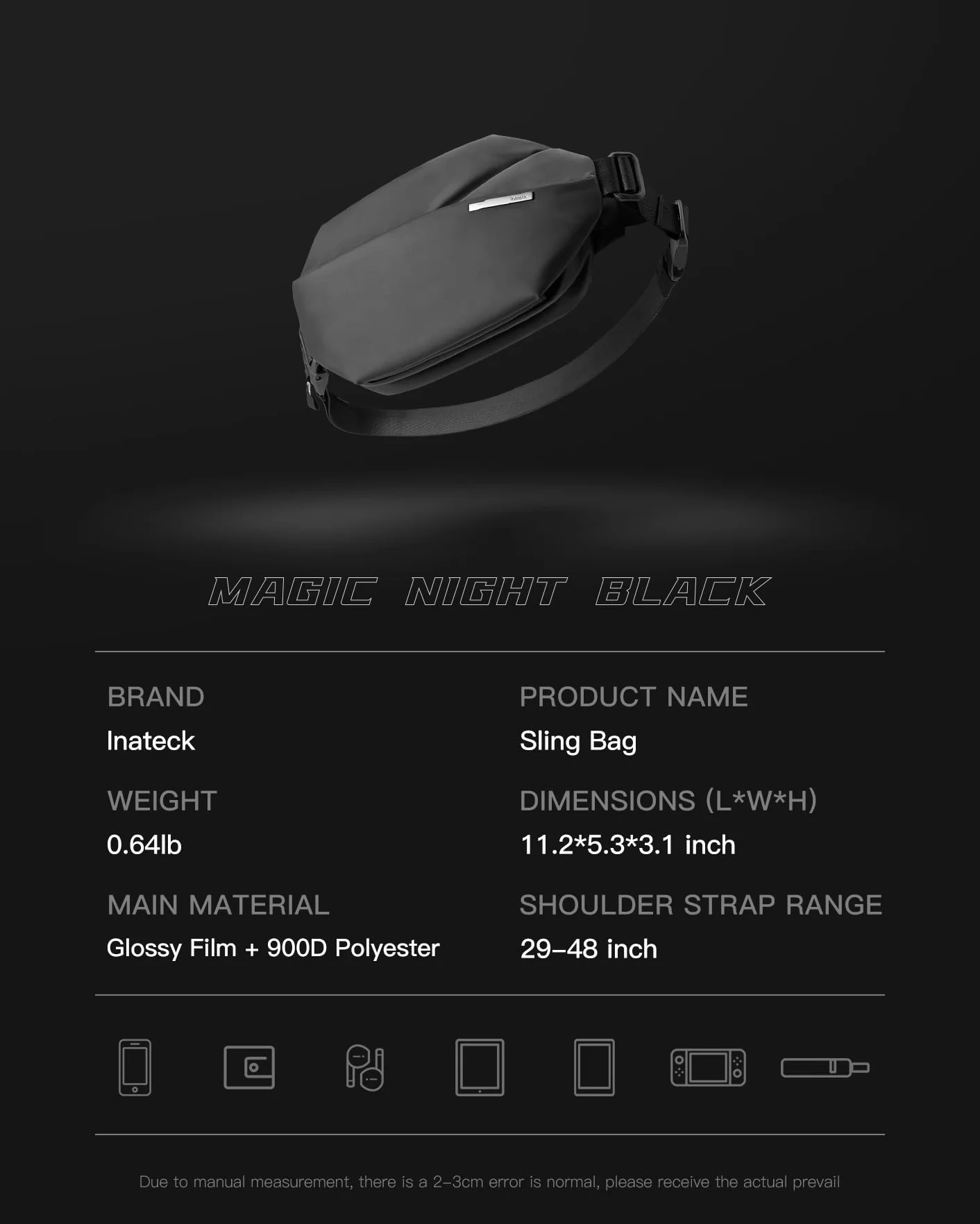 Inateck Sling Bag X, kompaktowa torba na klatkę piersiową dla mężczyzn i kobiet, wodoszczelna torba na brzuch, torba na ramię, na co dzień, w podróży, na wędrówki, czarny, 3L, casual