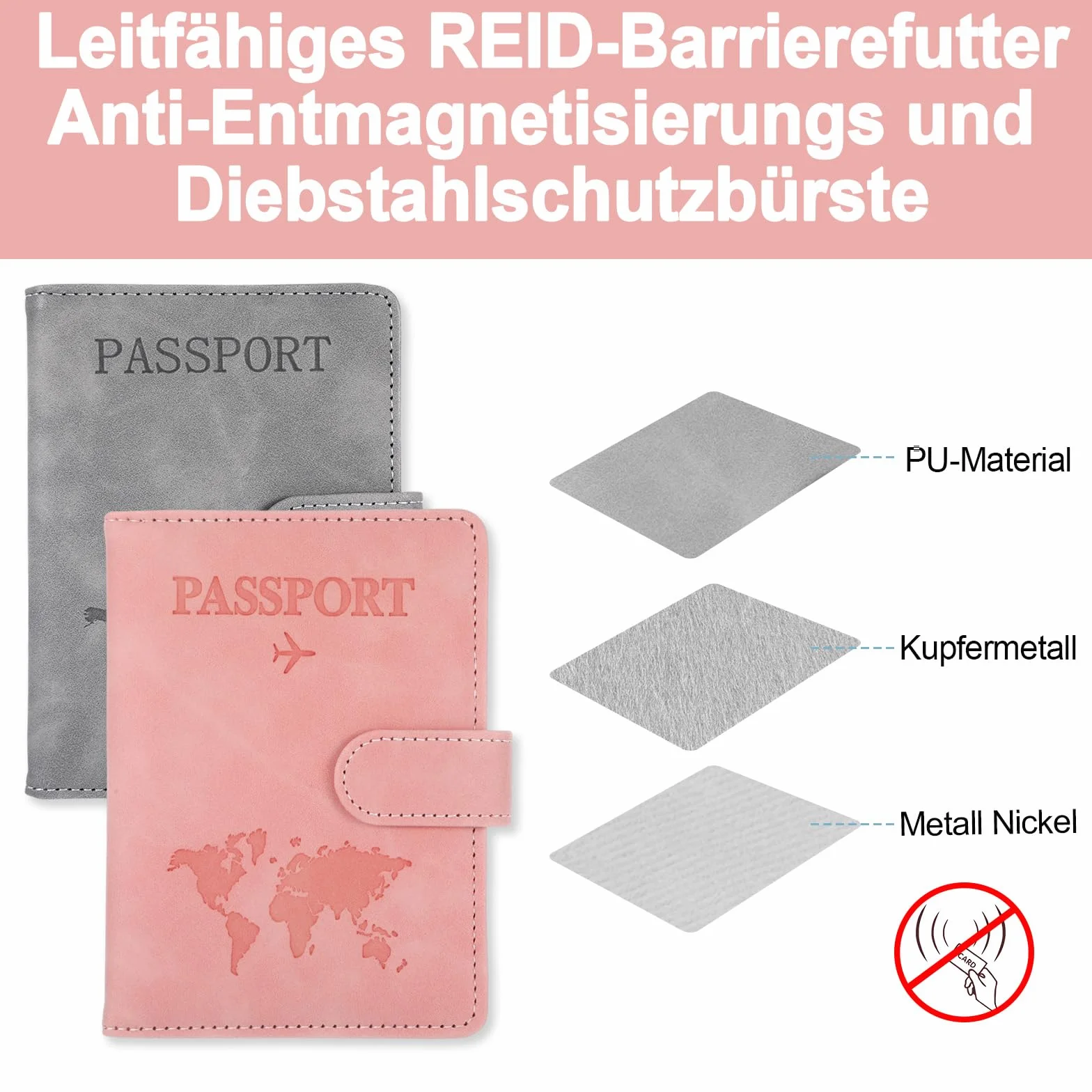 Etui na paszport Holder z zawieszką do walizki, etui na paszport 11 x 15 cm/4,33 x 5,91 cala skóra PU Blokada RFID do dokumentów podróżnych, szary + różowy., 11x15cm/4.33x5.91inch, Klasyczny