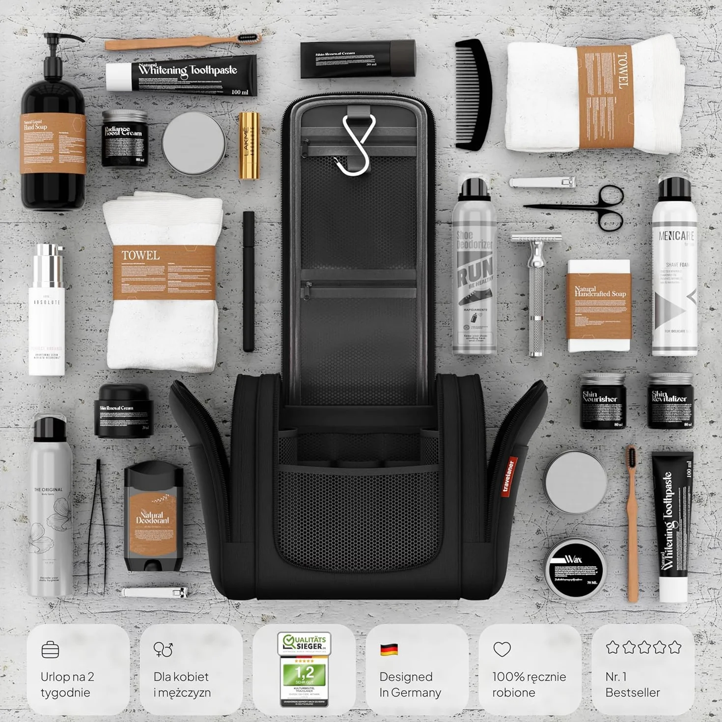 Travelaner® Kosmetyczka DESIGN 2026, Wisząca Kosmetyczka Podróżna 3w1, Pojemność 7 Litrów, dla Kobiet i Mężczyzn, Duża Torba Toaletowa, Czarny