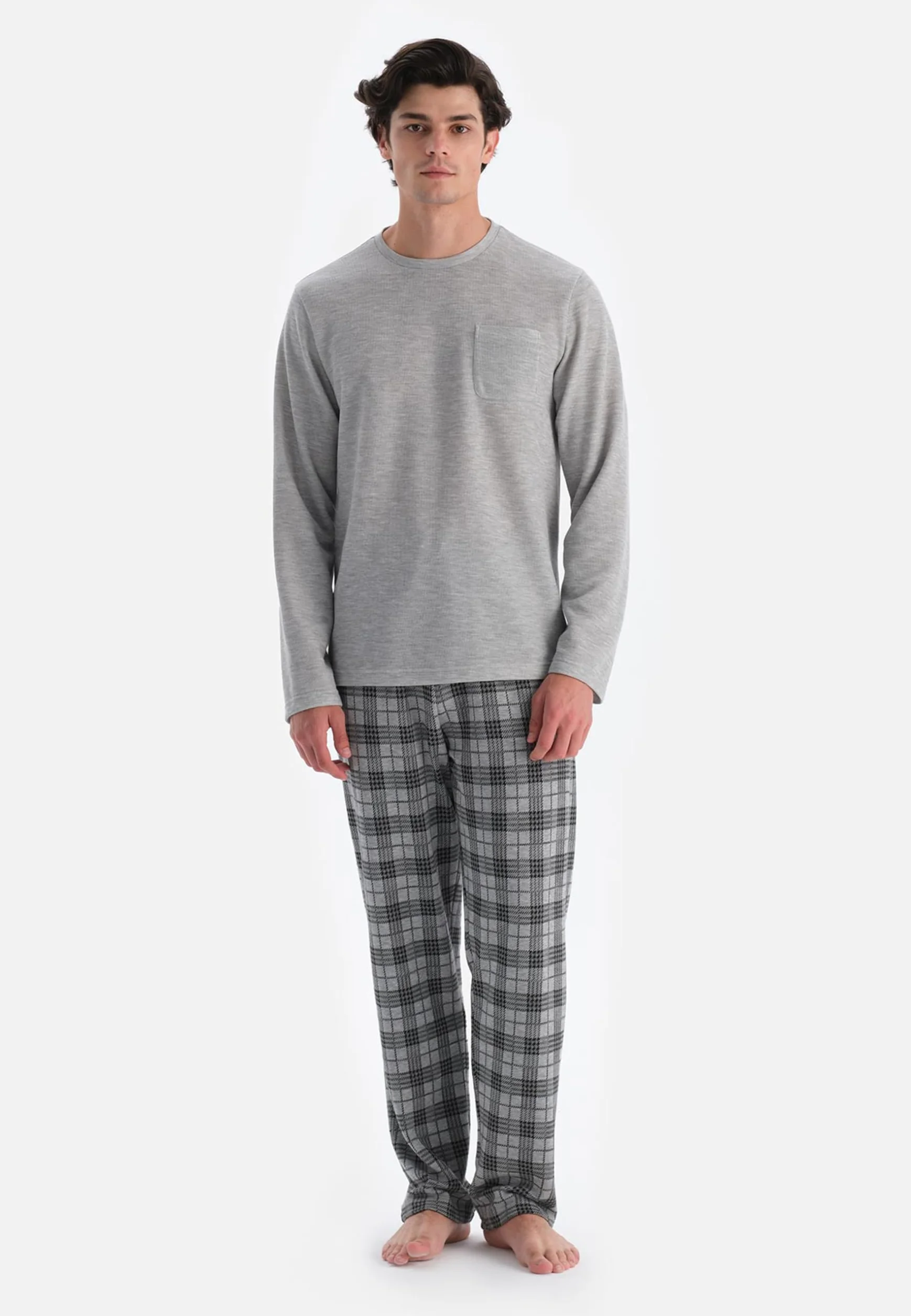 Dagi Zestaw piżamowy Mężczyźni Crew Neck Long Sleeve Plaid Pants Pajama Set