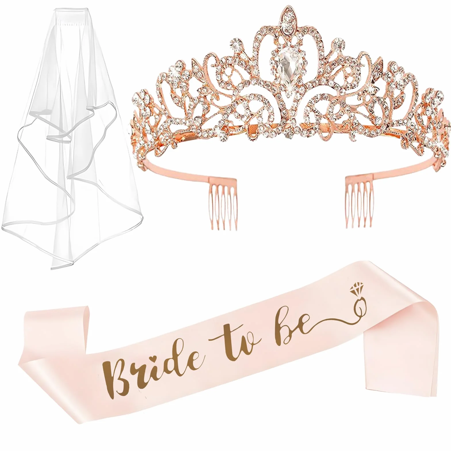 Bride to Be Sash and Veil Szarfy dla panny młodej Welon z grzebieniem Opaska dla panny młodej Tiara na wieczór panieński Różowe złoto Dekoracje ślubne