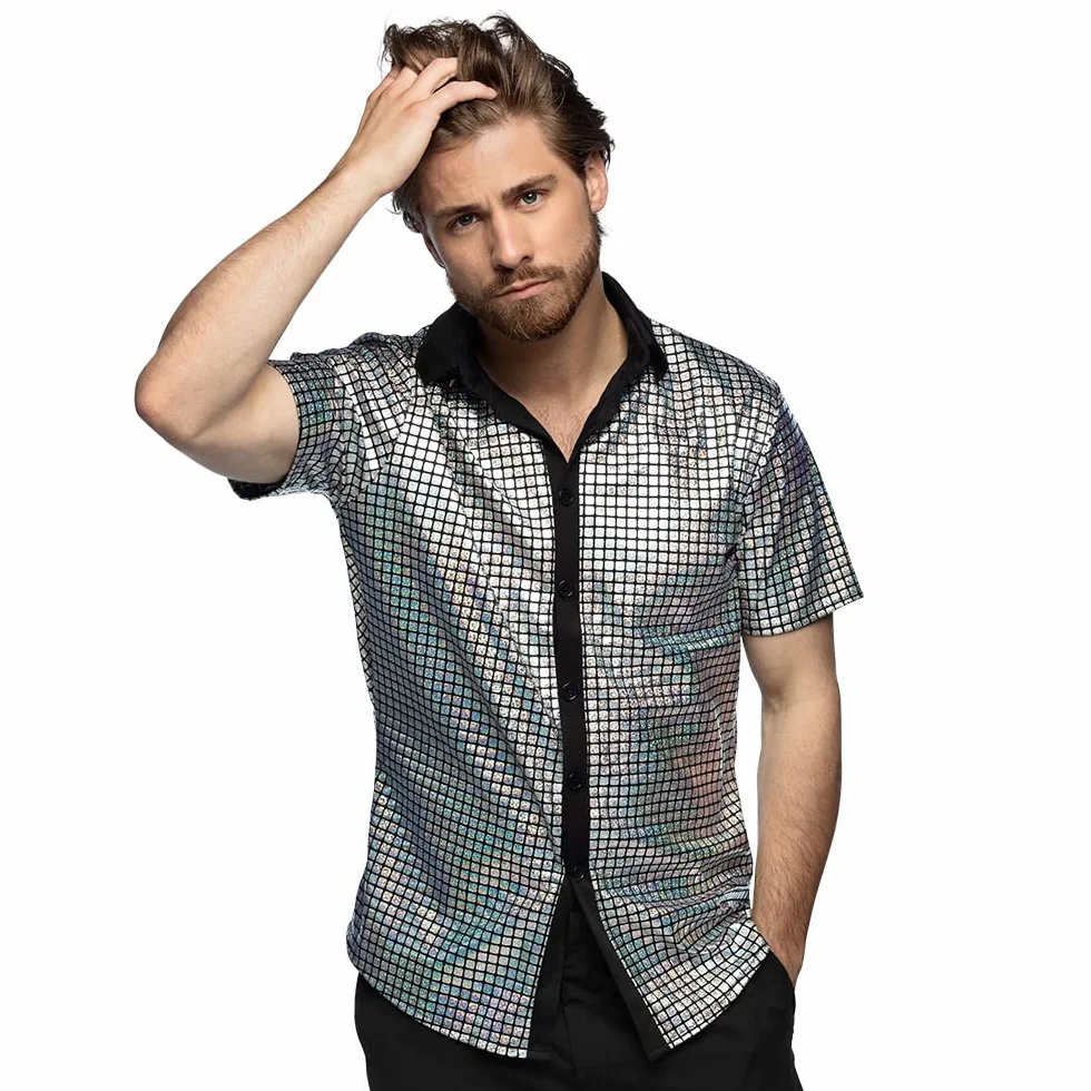 Boland - Disco Shirt, Silver, Disco Diamond Shirt, koszula męska z krótkim rękawem, koszula męska, top, koszula imprezowa na karnawał lub bal przebierańców