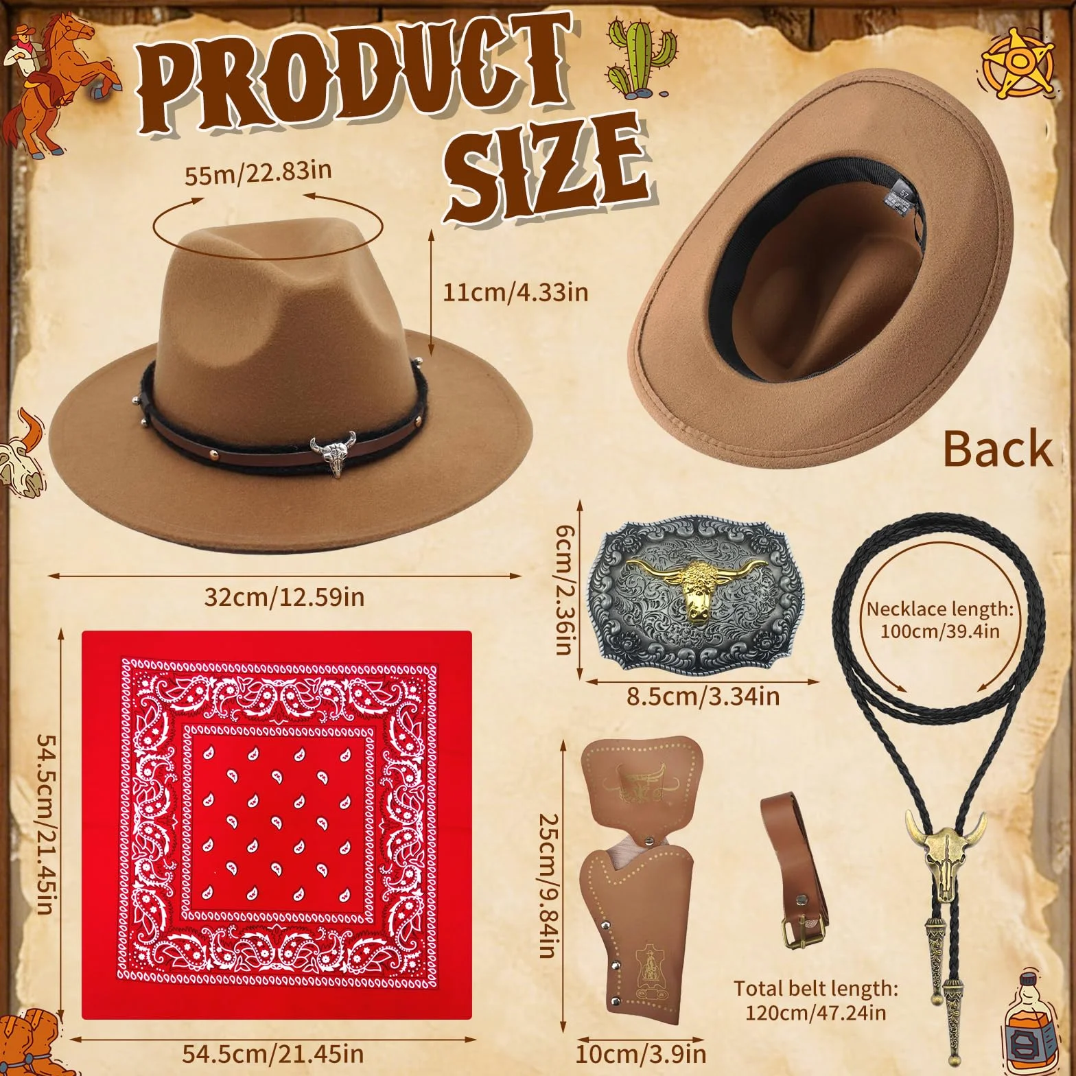 5-częściowy zestaw kostiumu kowbojskiego westernu, kostium kowbojski, fantazyjna sukienka z kamizelką, kapelusz z szerokim rondem, bandana, głowa byka, naszyjnik dla dorosłych mężczyzn, karnawał