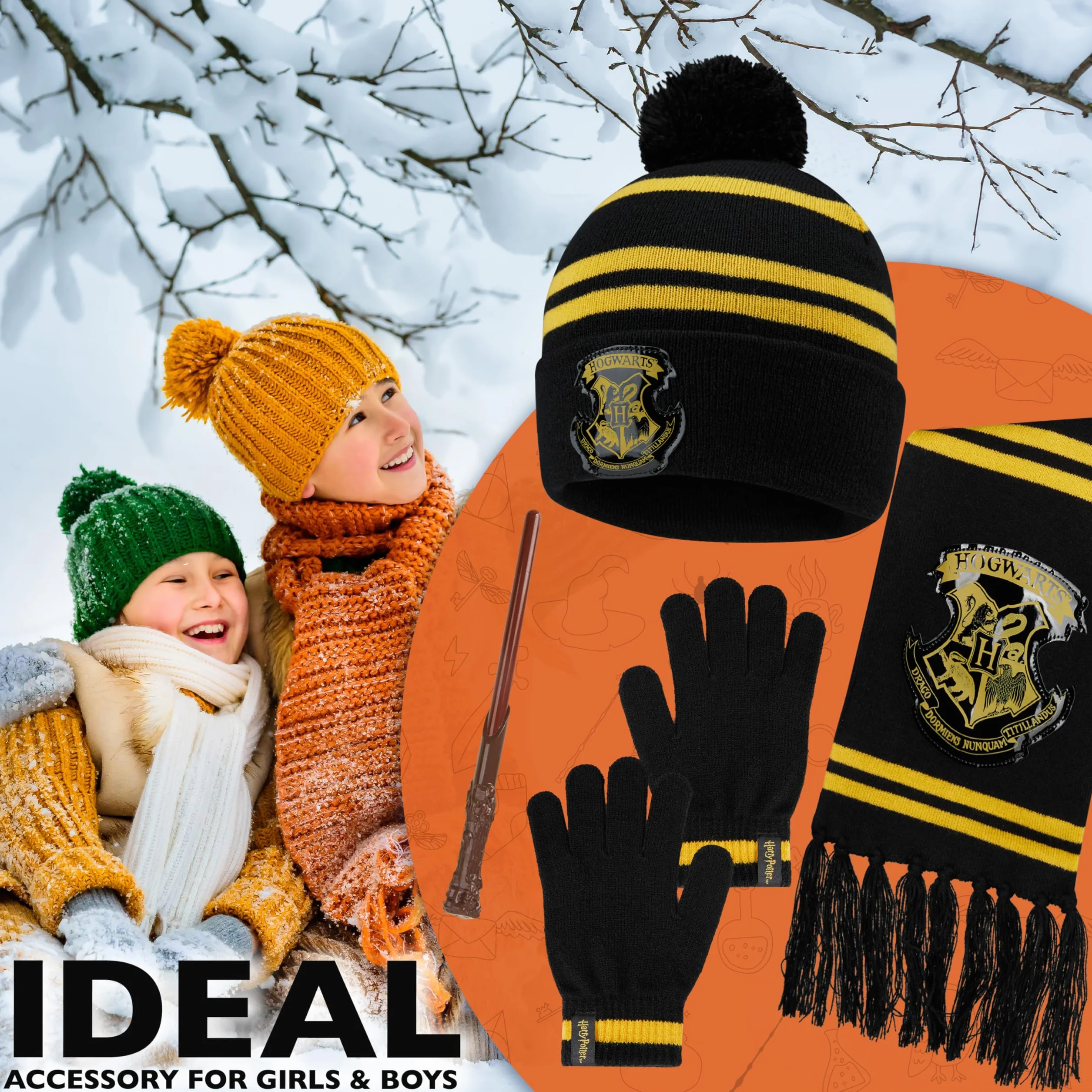 Harry Potter Zestaw zimowy 4 szt. - szalik, czapka beanie, rękawiczki, różdżka dla dzieci - akcesoria do Hogwartu, kostiumy, prezenty dla dzieci