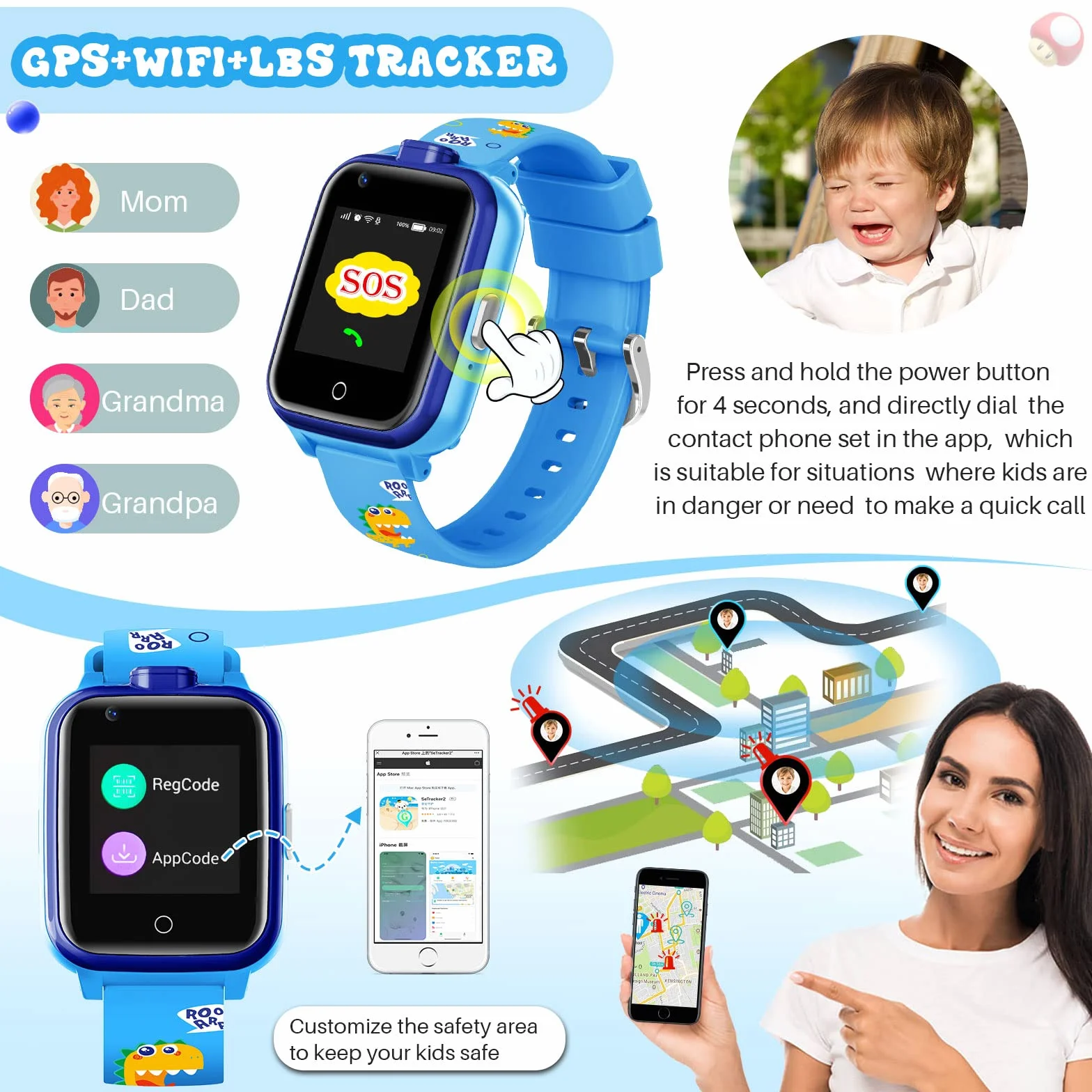Inteligentny Zegarek dla Dzieci, LiveGo 4G Secure Dual Camera Smart Watch, GPS Tracker SOS Call dla Dzieci Studenci w Wieku 4-12 lat Prezenty Urodzinowe Dzień Szkolny(T13 niebieski)