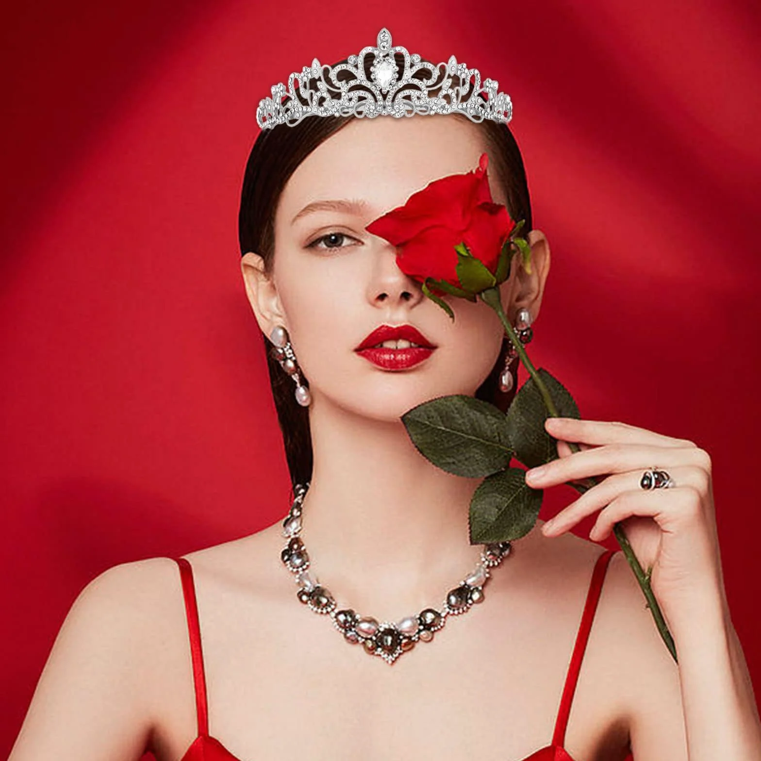 Srebrna korona Tiara, biżuteria do włosów dla kobiet i dziewcząt ze szkłem kryształowym, korona królowej, idealna na wiele okazji takich jak wesela, imprezy, bale maturalne i Halloween