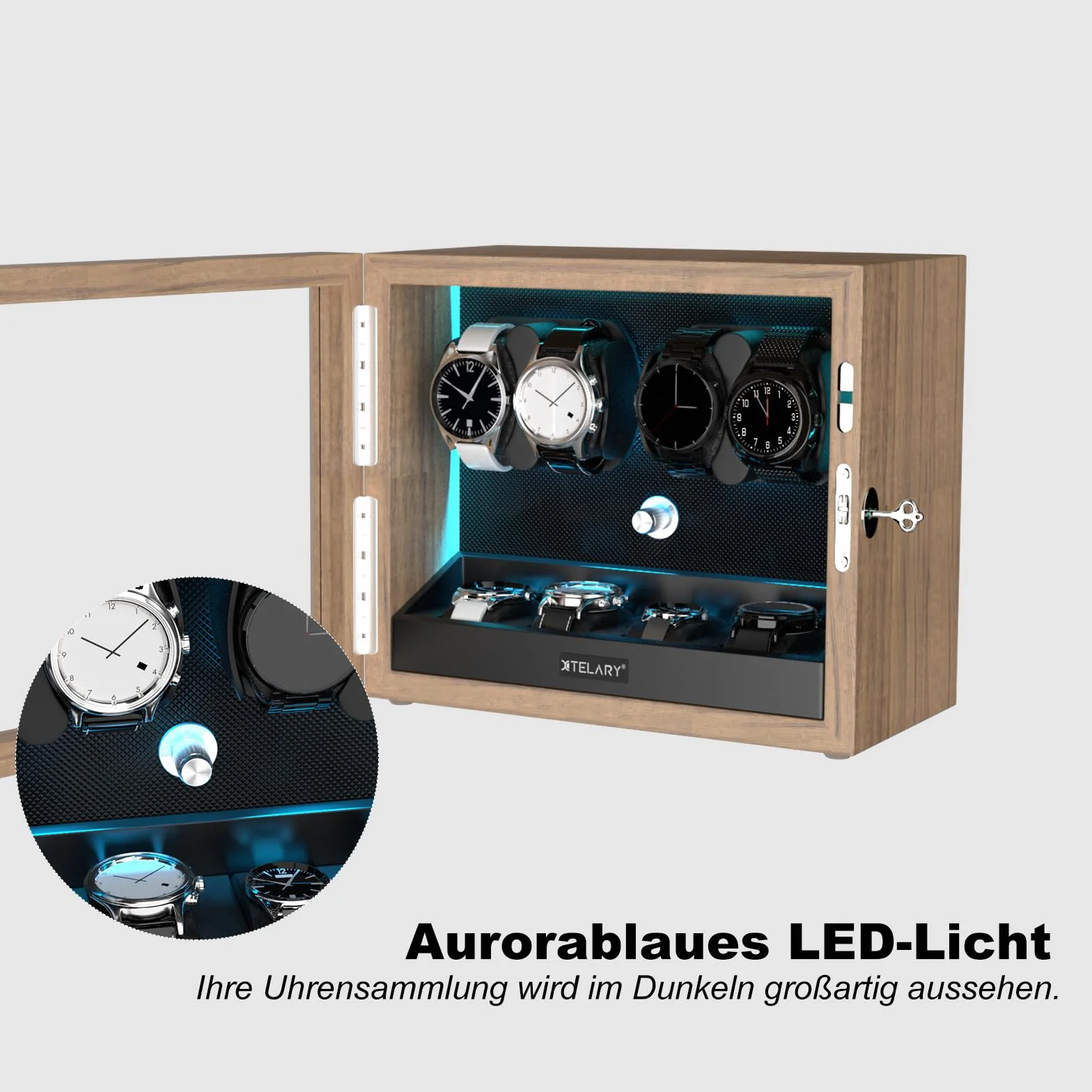 XTELARY Automatyczny Stojak na 4 Zegarki z 4 Dodatkowymi Przegródkami, Pudełko Automatyczne Mechaniczne Classic Watch Winder