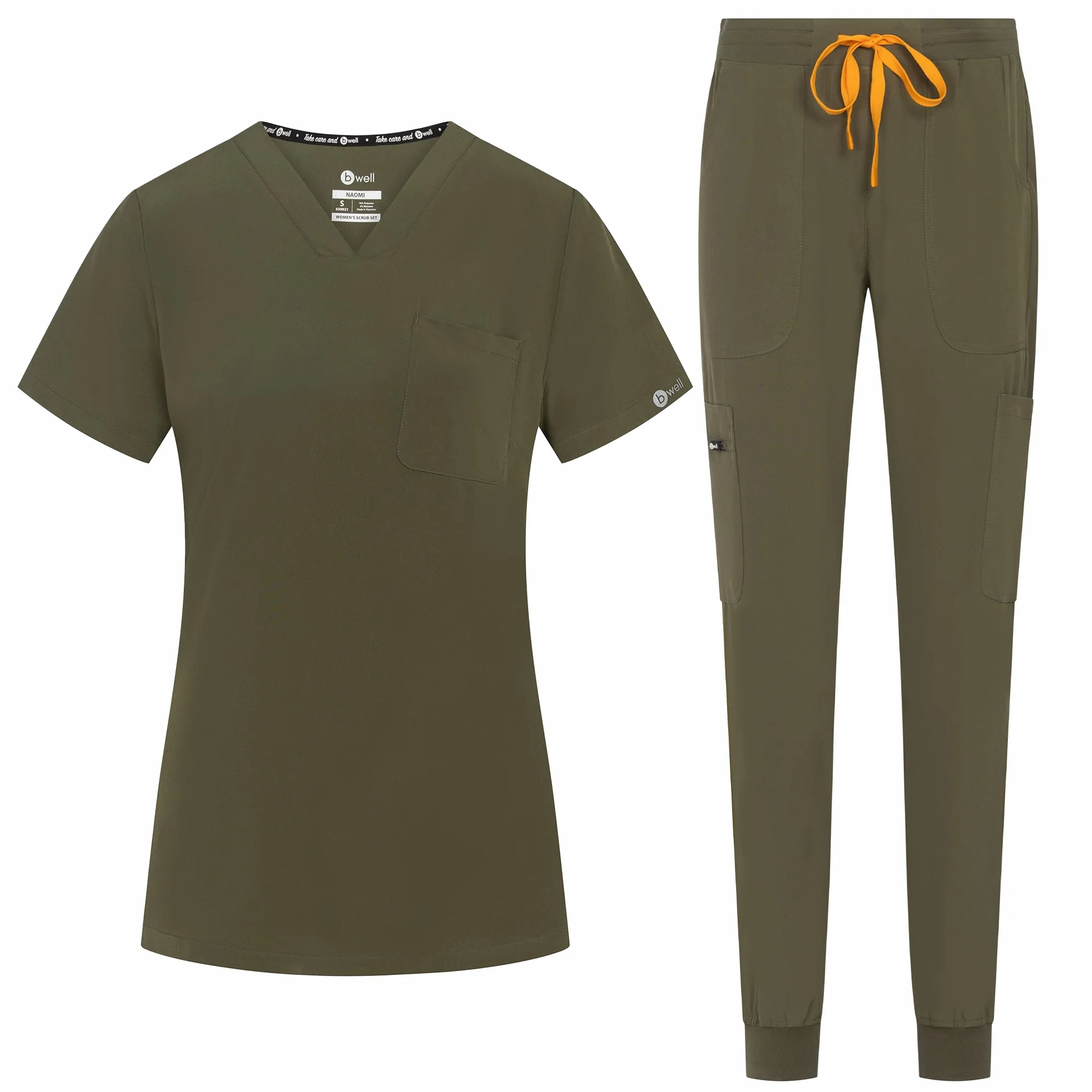 B-well Naomi Damen-Schrubb-Set Schlupfkasack + Schlupfhose Set Medizin Arzt Uniform Schlupfjacke Oberteil mit Hose Medizinische Berufsbekleidung mit Elastan (Olive, L)
