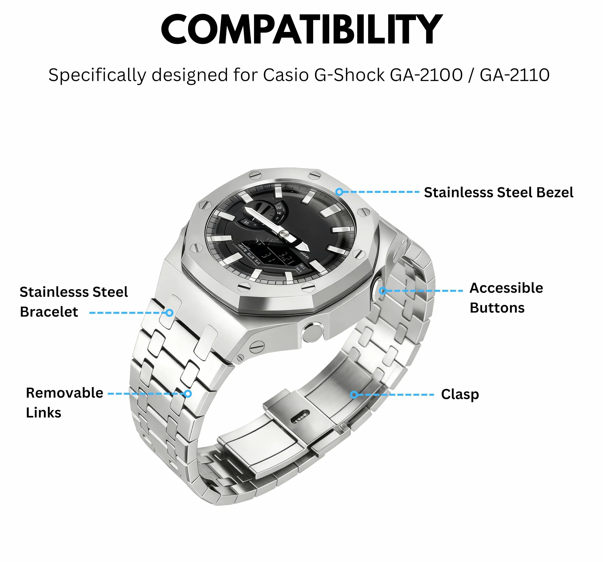 Zamienna bransoletka do zegarka 316L ze stali nierdzewnej kompatybilna z Casio G-Shock GA-2100 / GA-2110