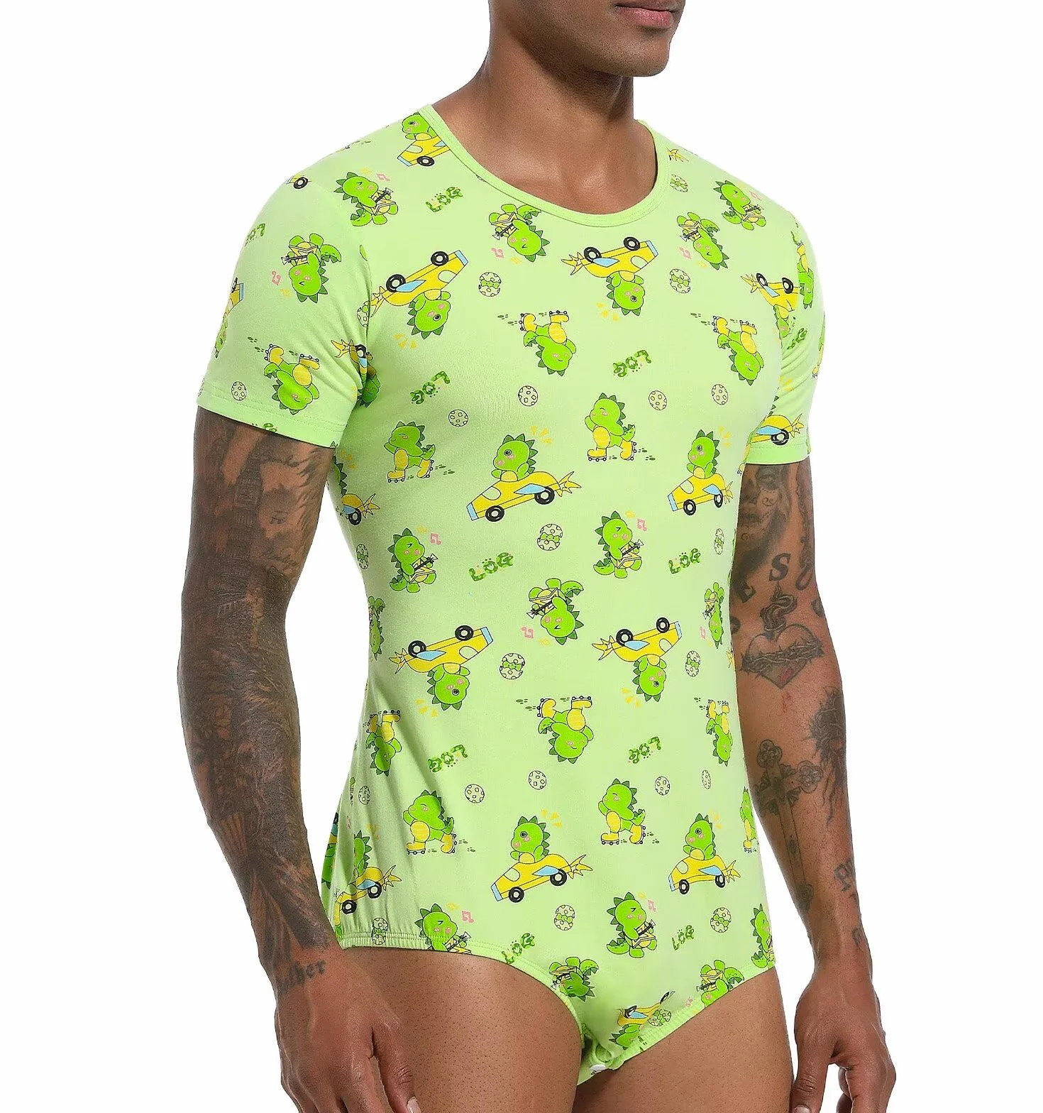 Landofgenie Onesie Mężczyźni Krótki Rękaw Bodysuit One Piece Pidżama Rompers Dinosaur Rudy