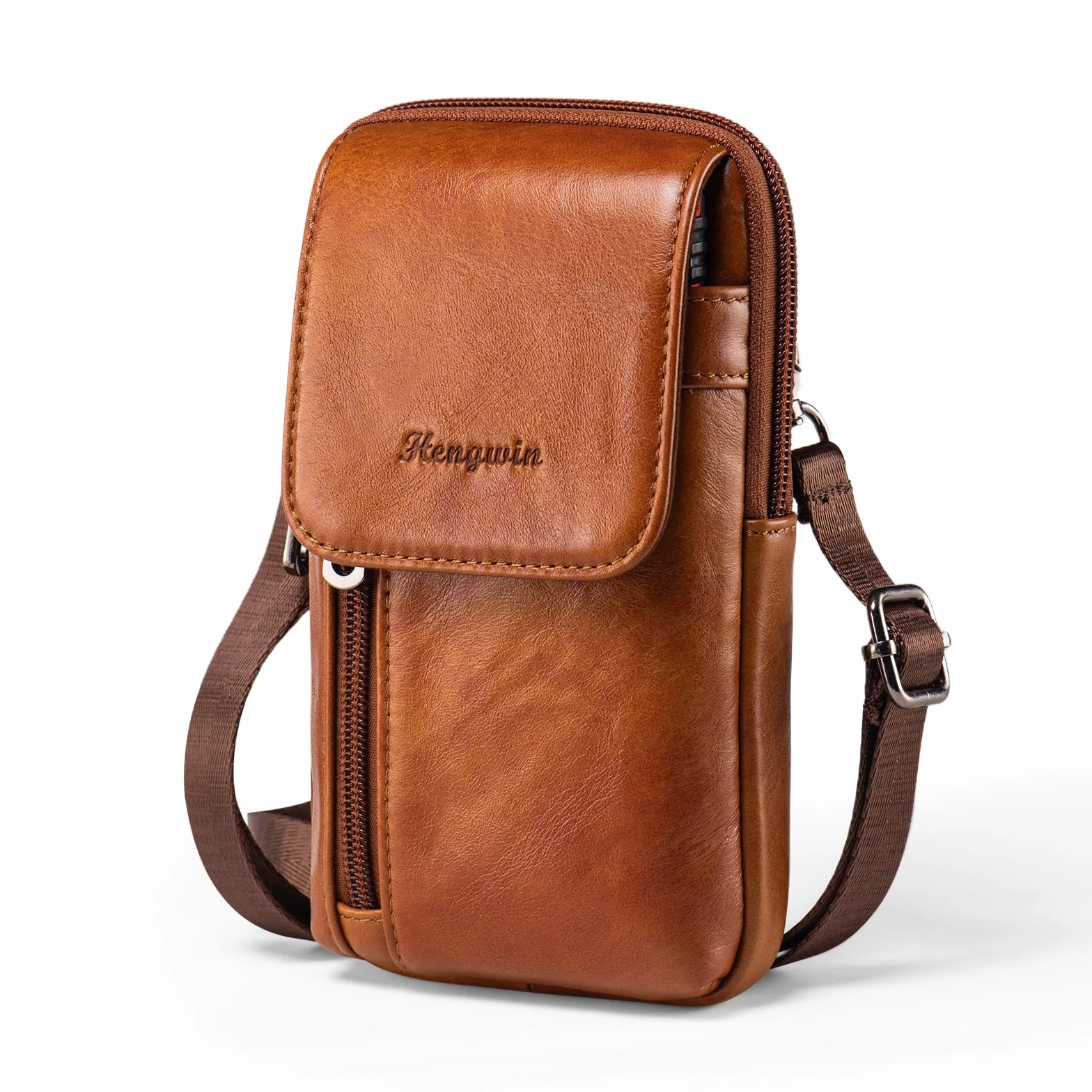 Męskie skórzane torby crossbody na ramię, małe pionowe kabury na telefon komórkowy, torebka, torba na talię, opakowanie z karabińczykiem i szlufką na pasek, Brązowy_b, S, Torby na ramię