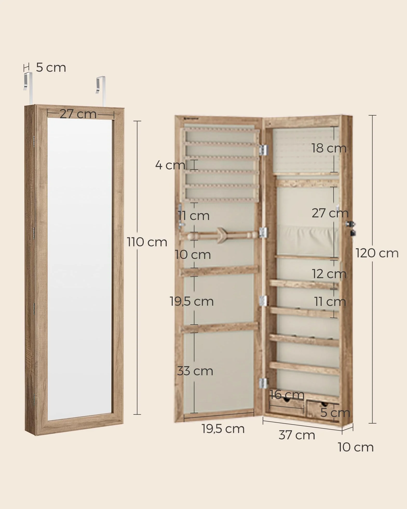SONGMICS Szafka na biżuterię, wysokość 120 cm, organizer na biżuterię z podświetlanym lustrem wewnętrznym, szafka z lustrem montowana na ścianie lub na drzwiach, 2 szuflady, dąb brązowy JJC093N01