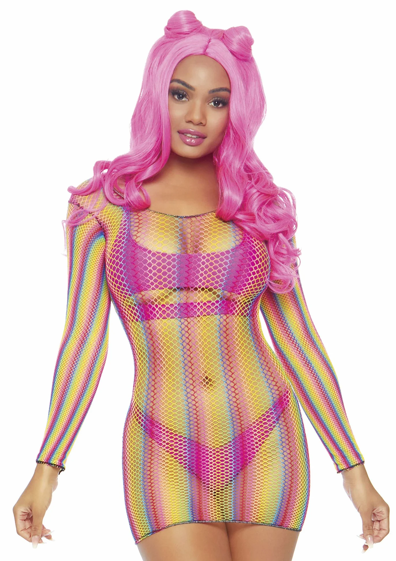 Leg Avenue Leg Avenue 86795 mini sukienka tęczowa kabaretka, wielokolorowa, jeden rozmiar (EU 36-40) Kobiety Fishnet Long Sleeve Halter Dress (1 w zestawie)