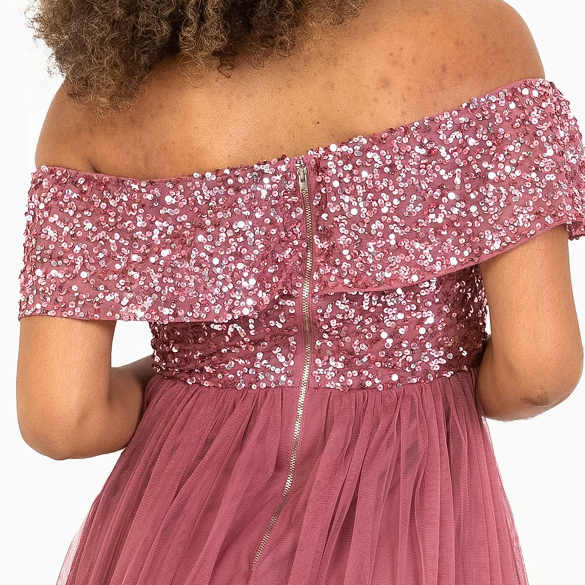 Maya Deluxe Ladies Bardot Dresses Women Midi High Empire Sequins Embellished Formalny wieczór na wesele dla gości sukienka druhny dla kobiet
