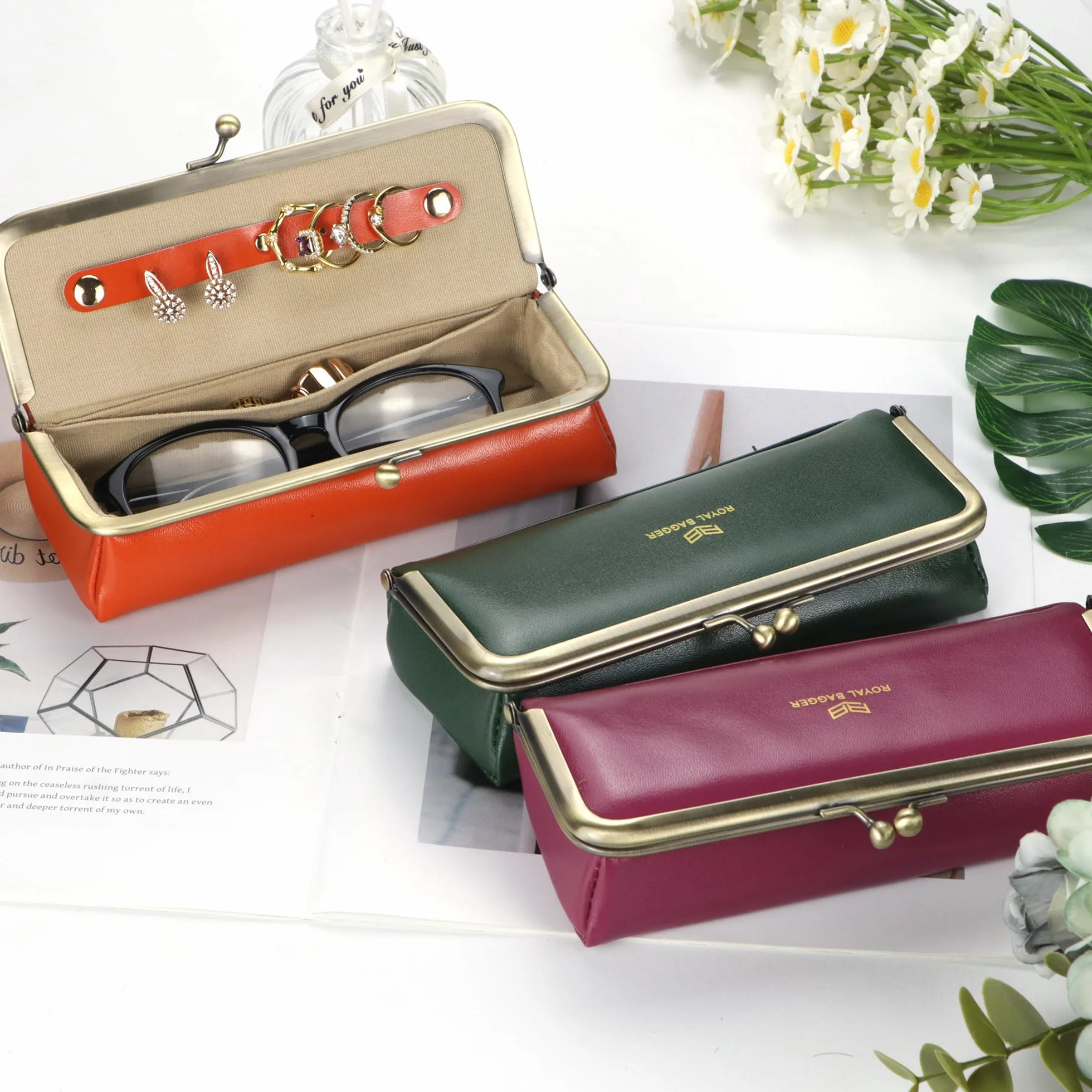 Royal Bagger Pudełko z prawdziwej skóry dla kobiet, etui na okulary retro - blokowanie RFID, organizer i torebka na monety Kiss Lock 3135 (Zielony)