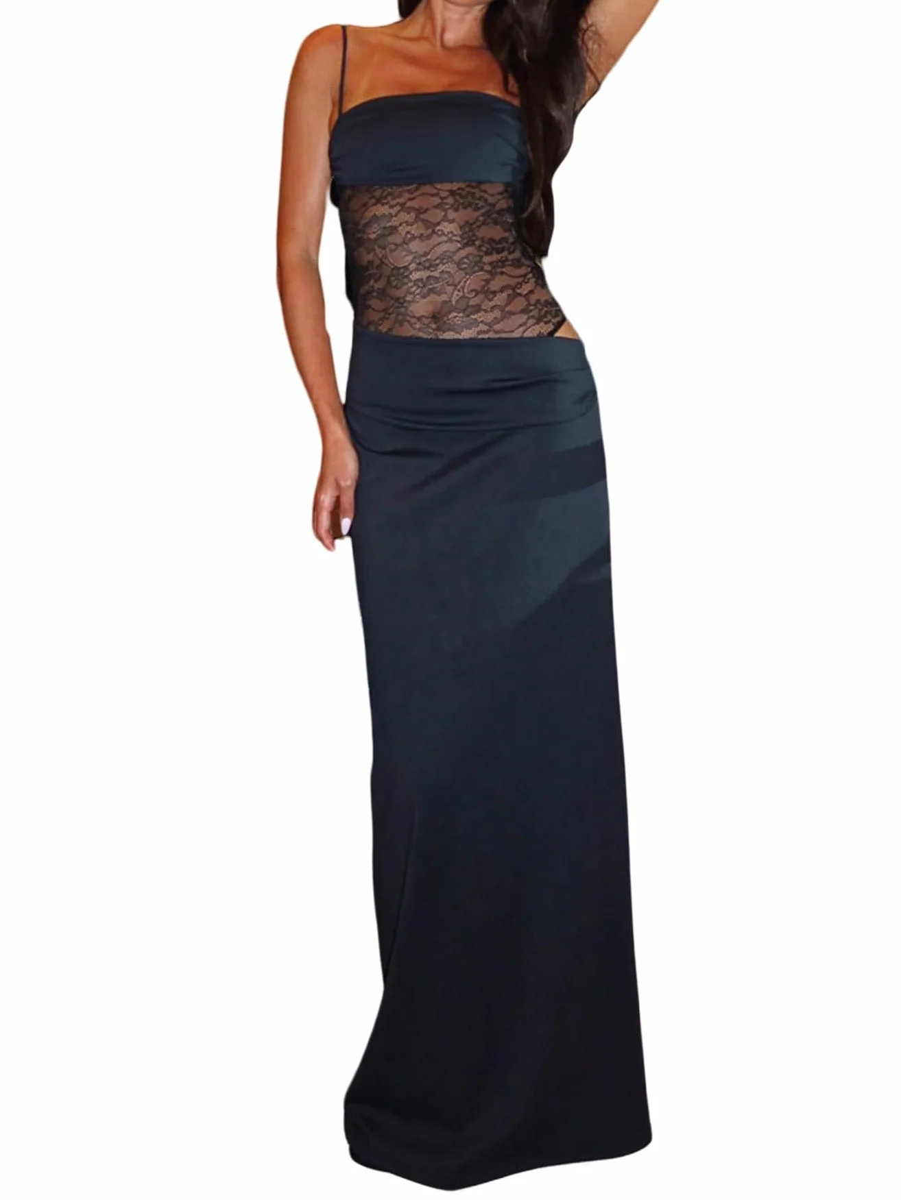 SweatyRocks Sukienka maxi, elegancka, koronkowa, bodycon, sukienka z koronką, sukienka koktajlowa, długa sukienka na ramiączkach, podkreślająca figurę, sukienka imprezowa