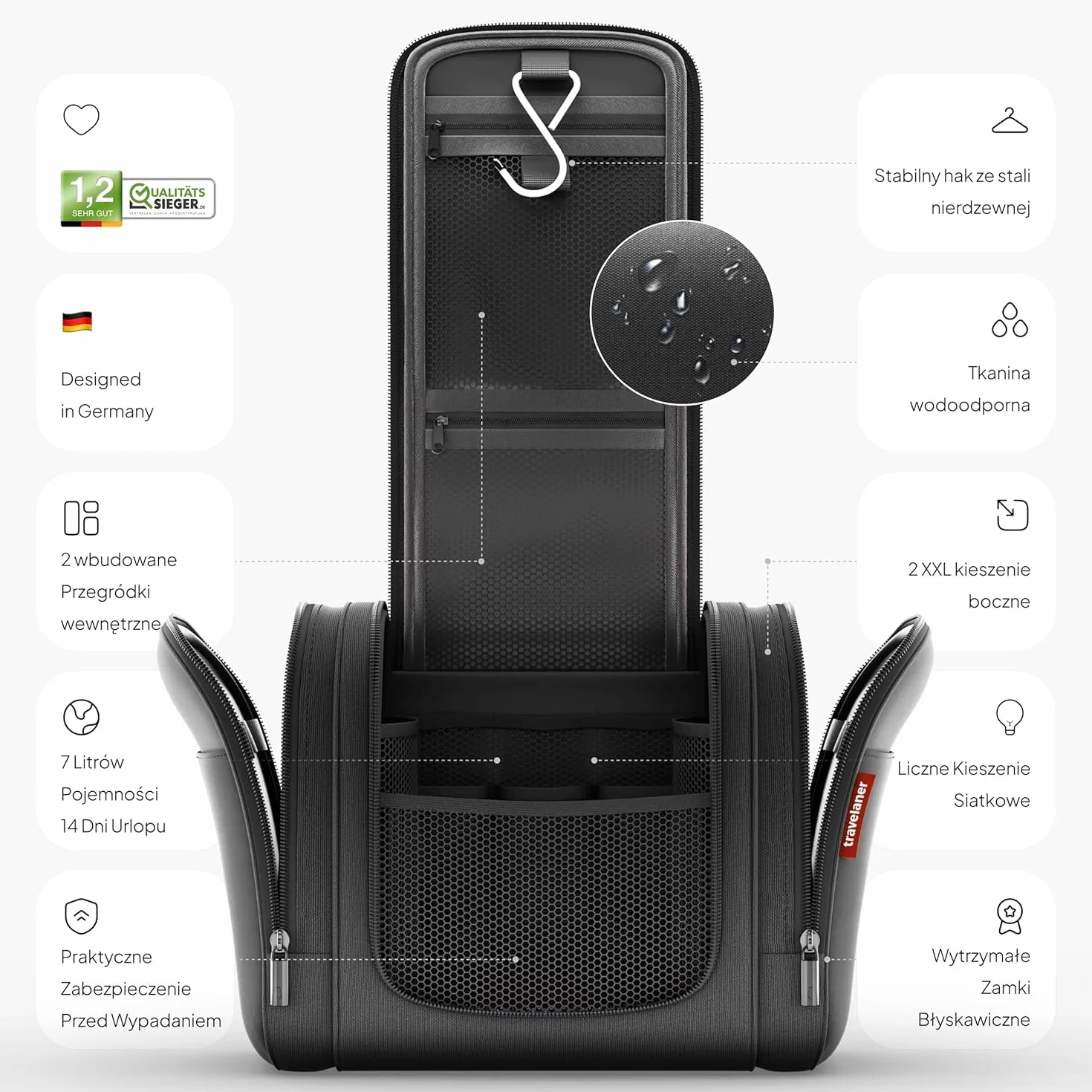 Travelaner® Kosmetyczka DESIGN 2026, Wisząca Kosmetyczka Podróżna 3w1, Pojemność 7 Litrów, dla Kobiet i Mężczyzn, Duża Torba Toaletowa, Czarny